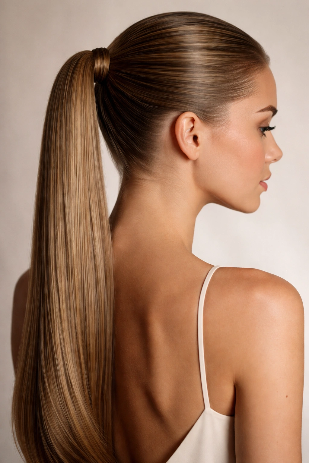 Perfectly smooth elegant sleek ponytail with minimal styling