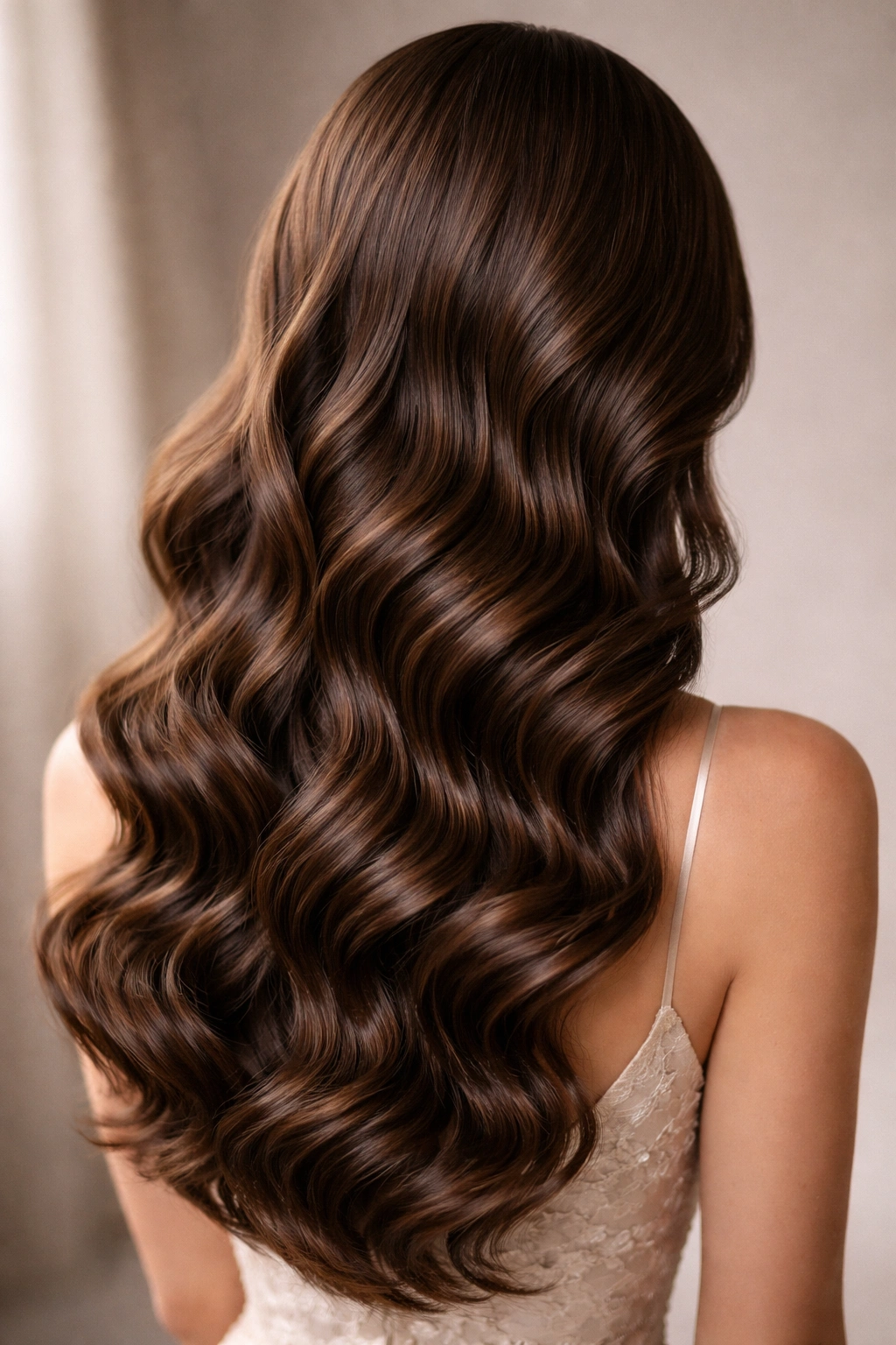 Full view of defined, polished waves on curly hair worn down