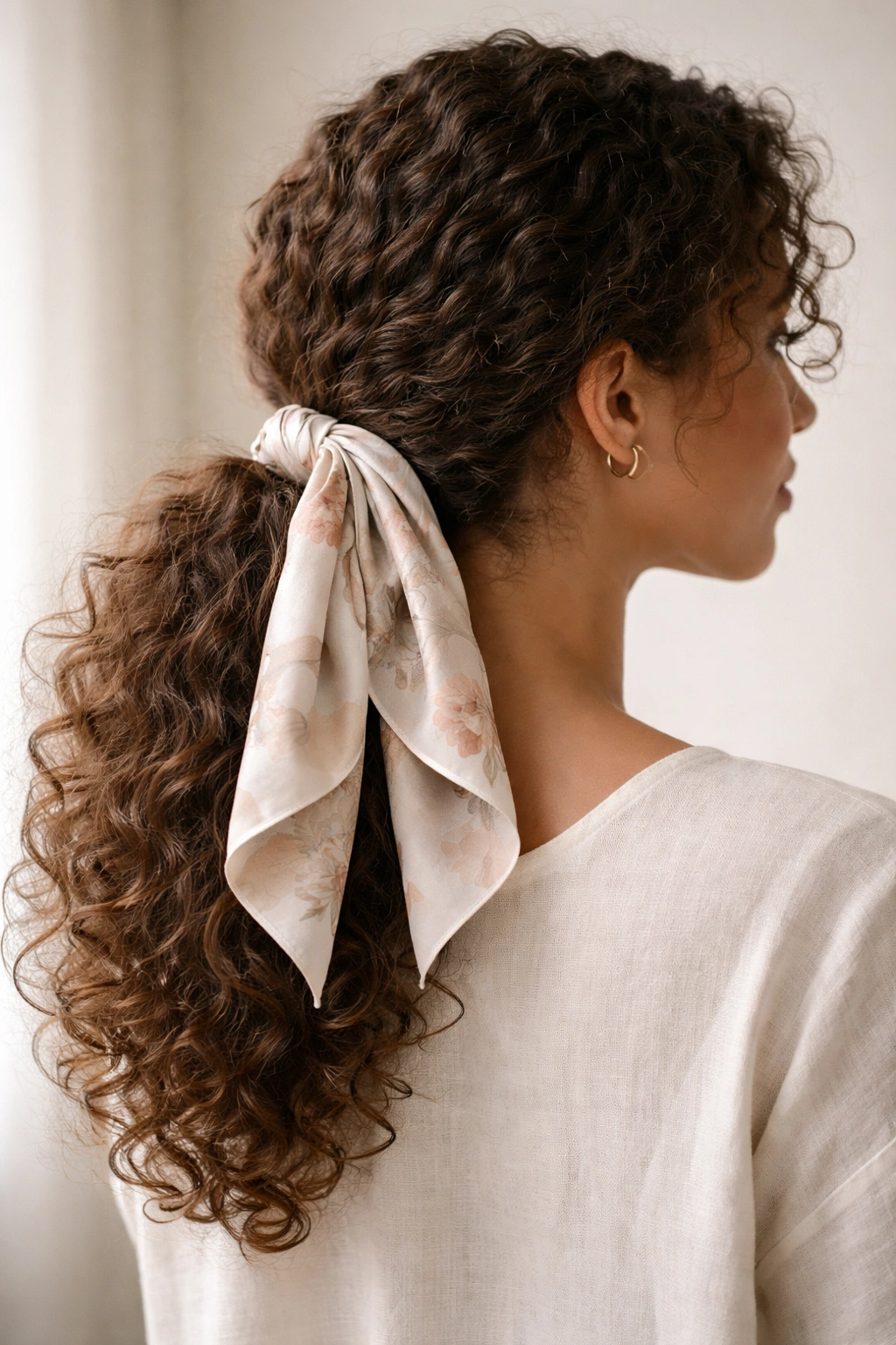 Elongated ponytail with silk scarf at the nape highlighting texture