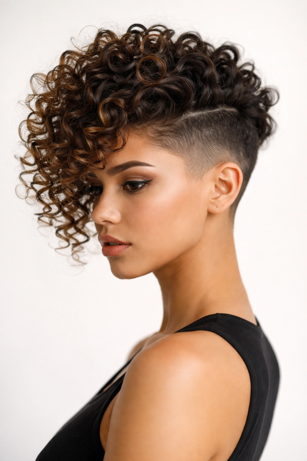Elongated spiral curls on top with an undercut on the sides