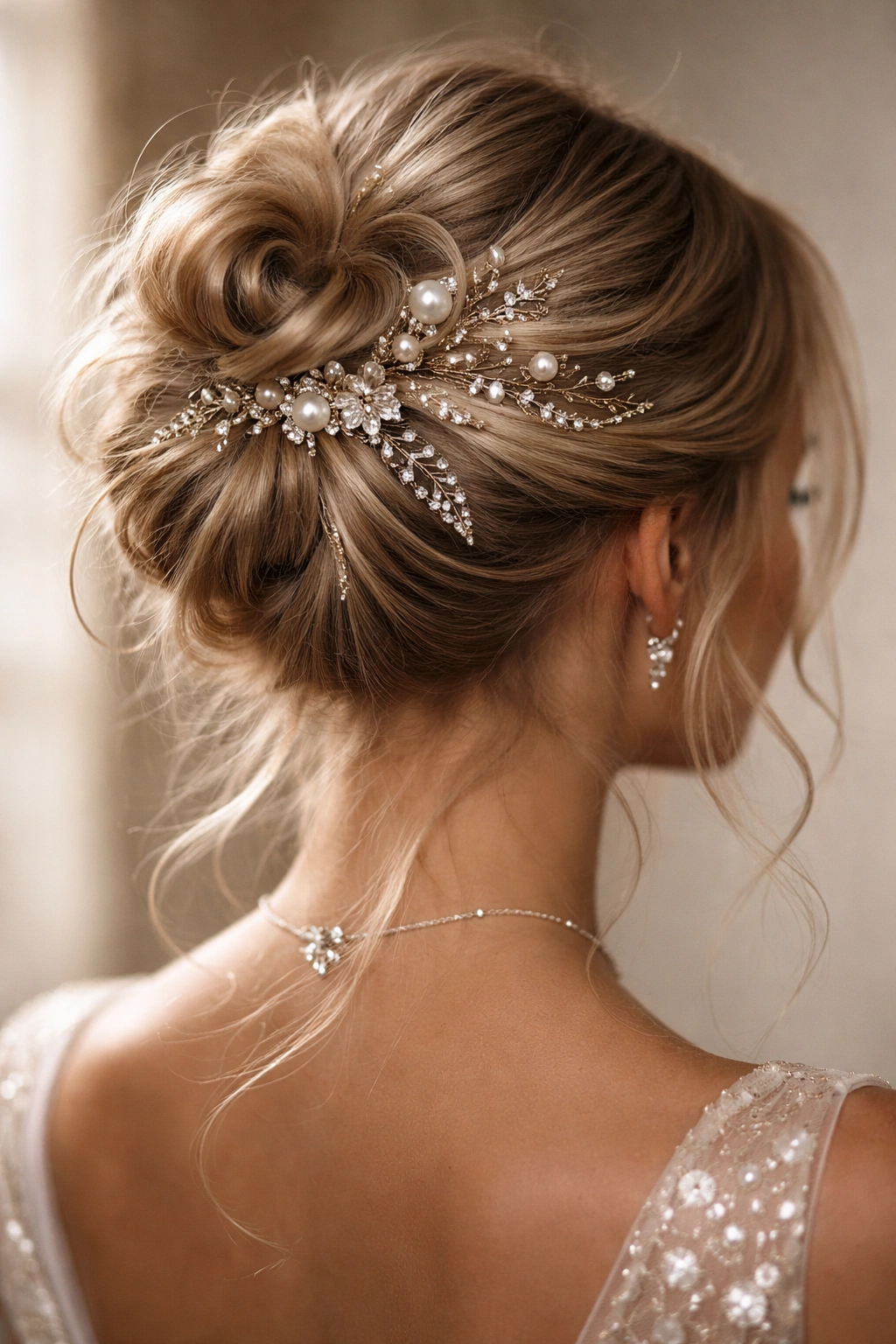 Close-up of an embellished messy bun with pearls and rhinestone pins