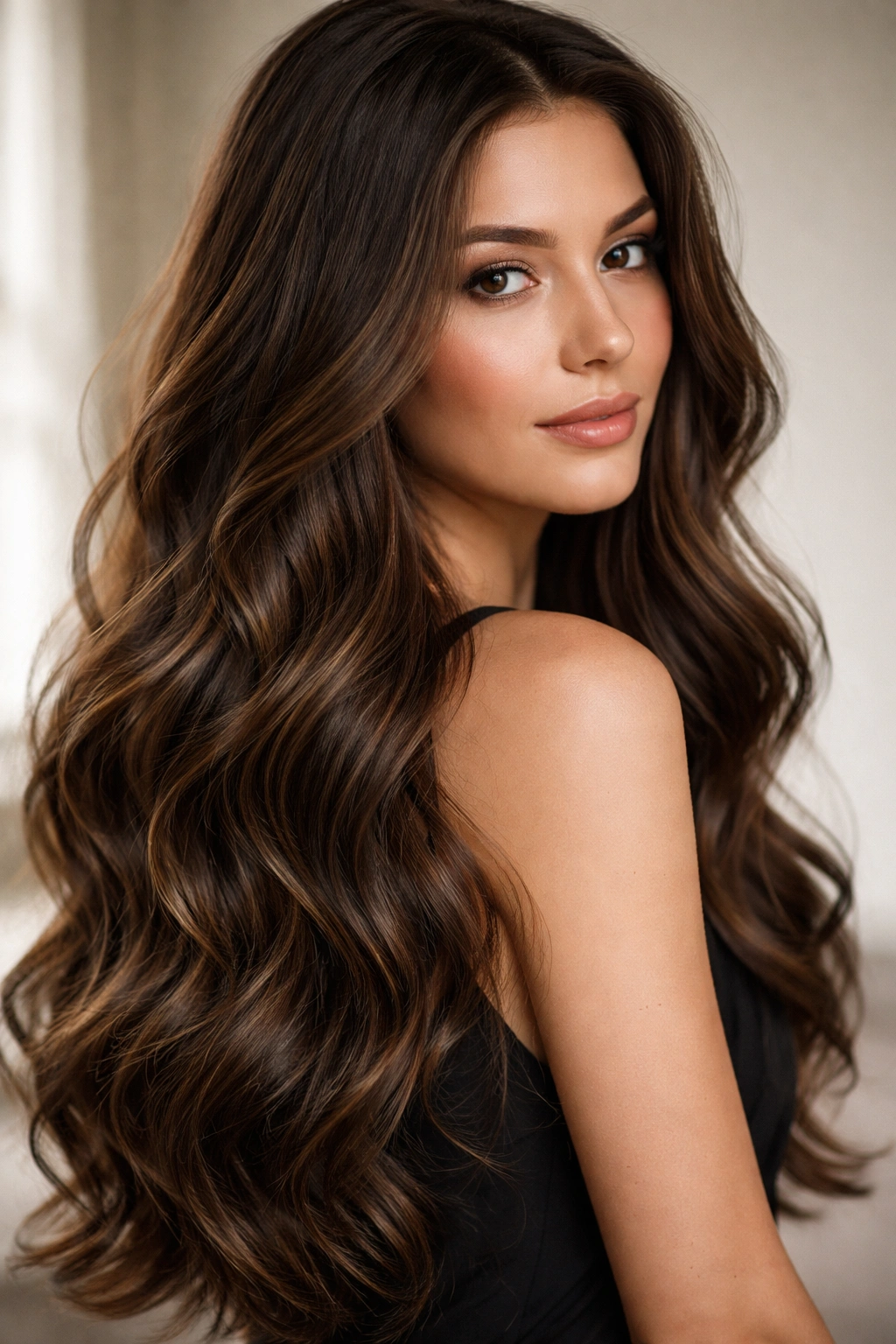Espresso brown hair with golden babylights in soft waves.