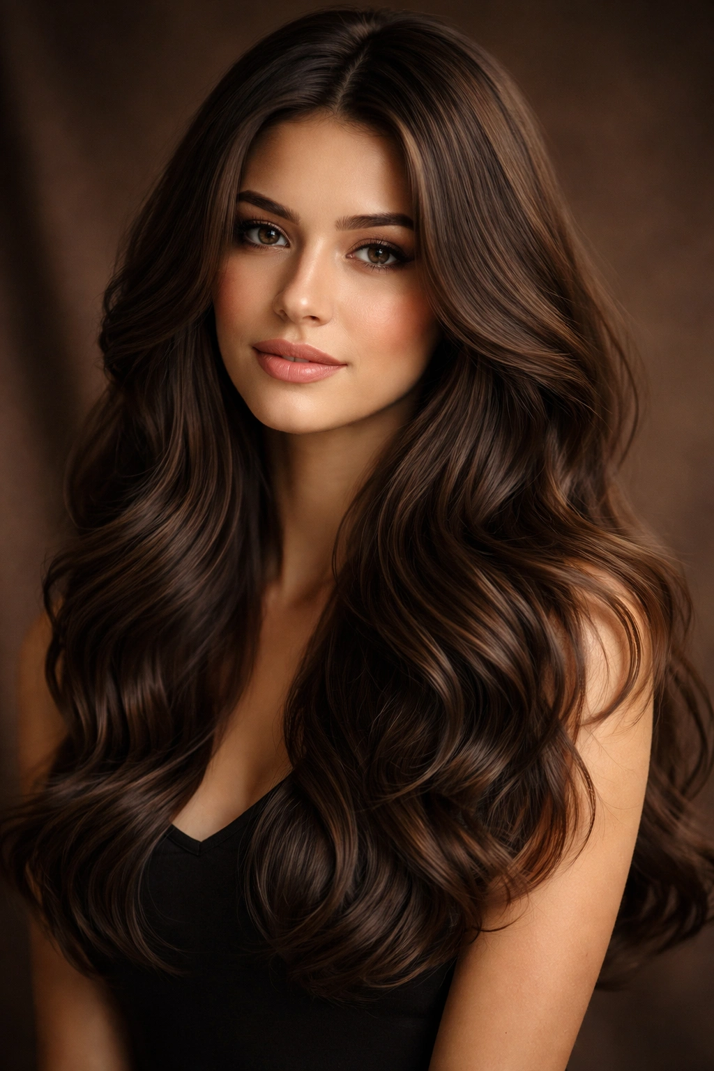 Espresso brown soft waves hairstyle with long layers and flowing texture