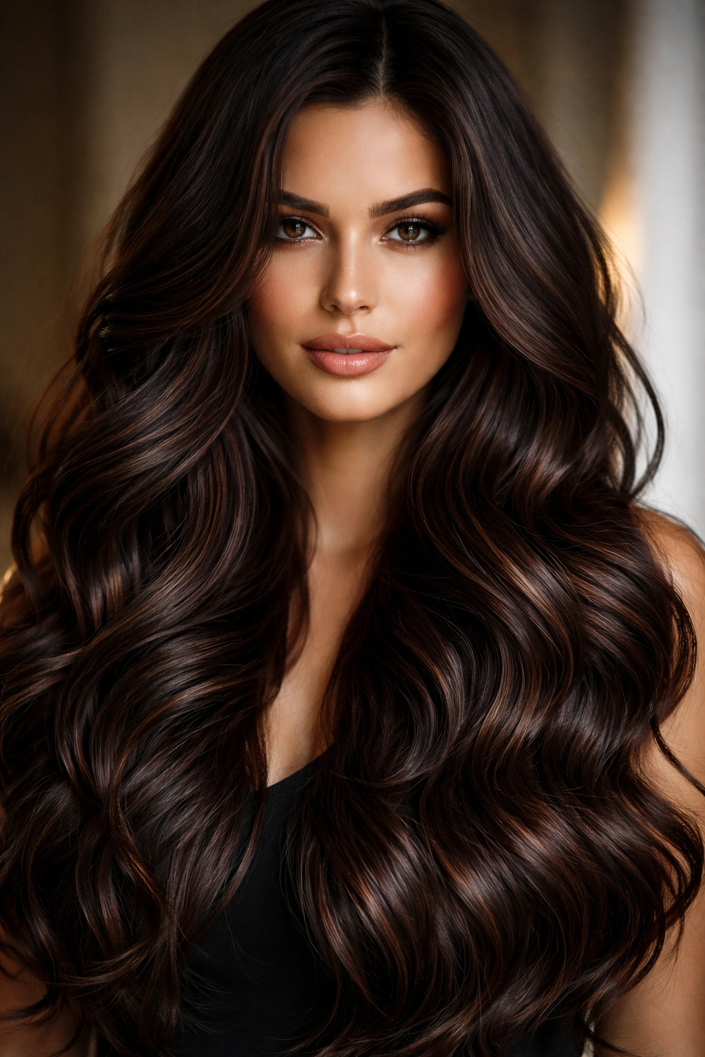 Espresso brown hair with dimensional waves and subtle caramel highlights