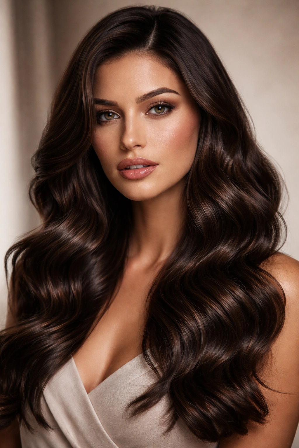Close-up of espresso brown hair with deep, defined waves