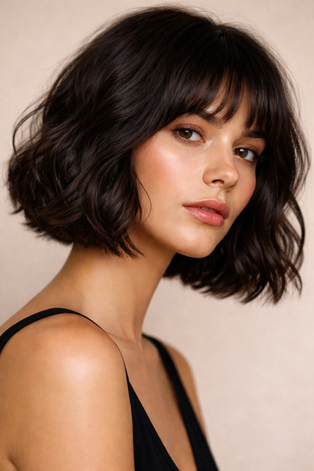 Espresso dark wavy French bob with subtle dimension and shine