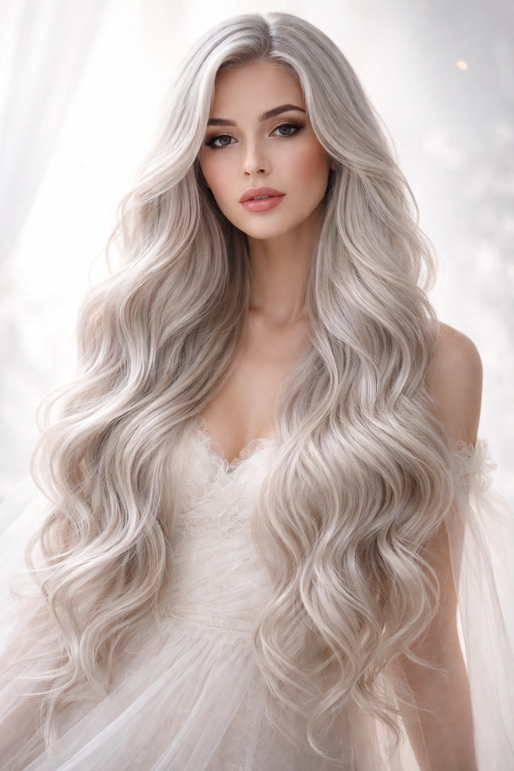Ethereal long waves: silver hair flowing softly in a studio