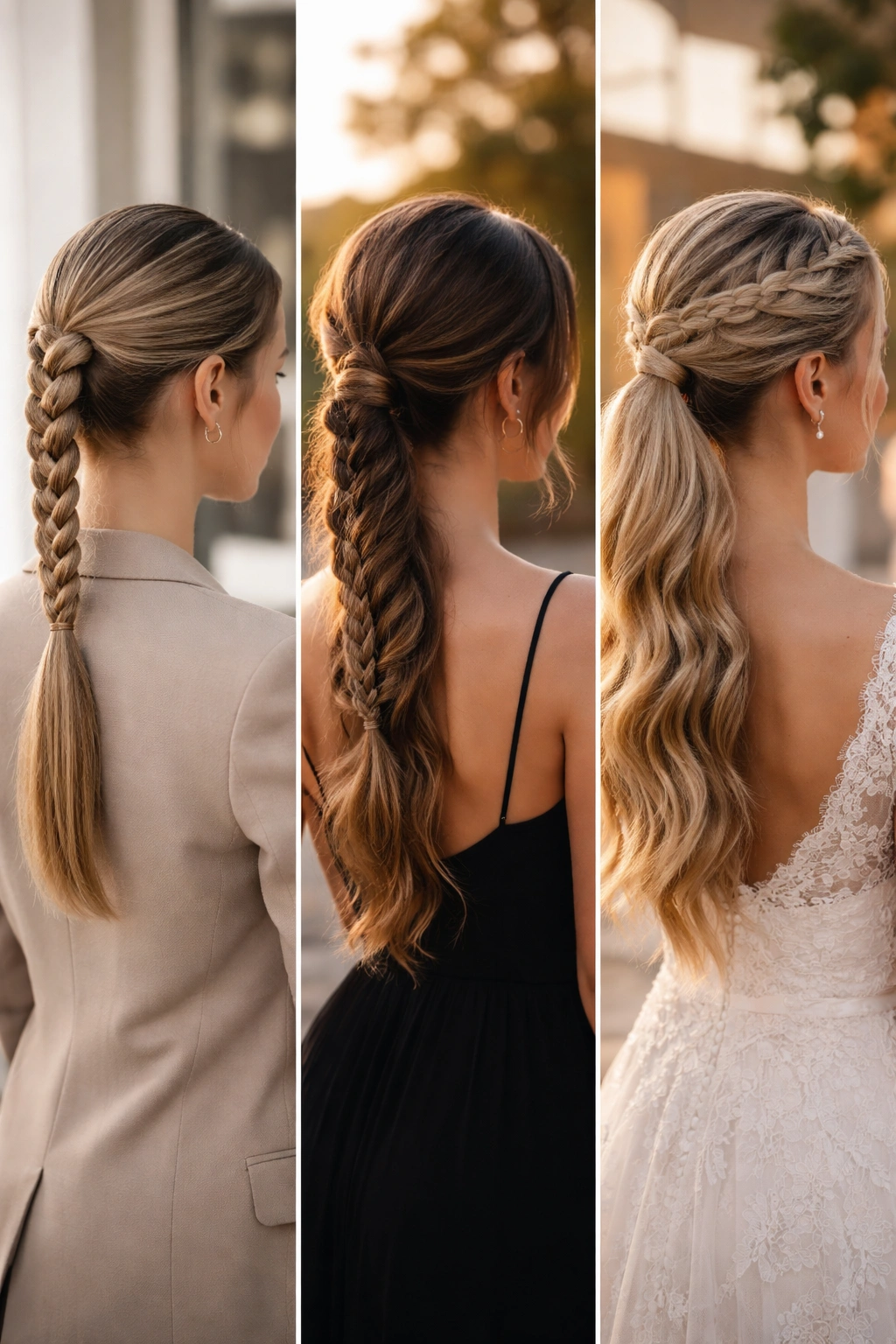 Triptych of three heads showing work, date, and wedding braided ponytails.