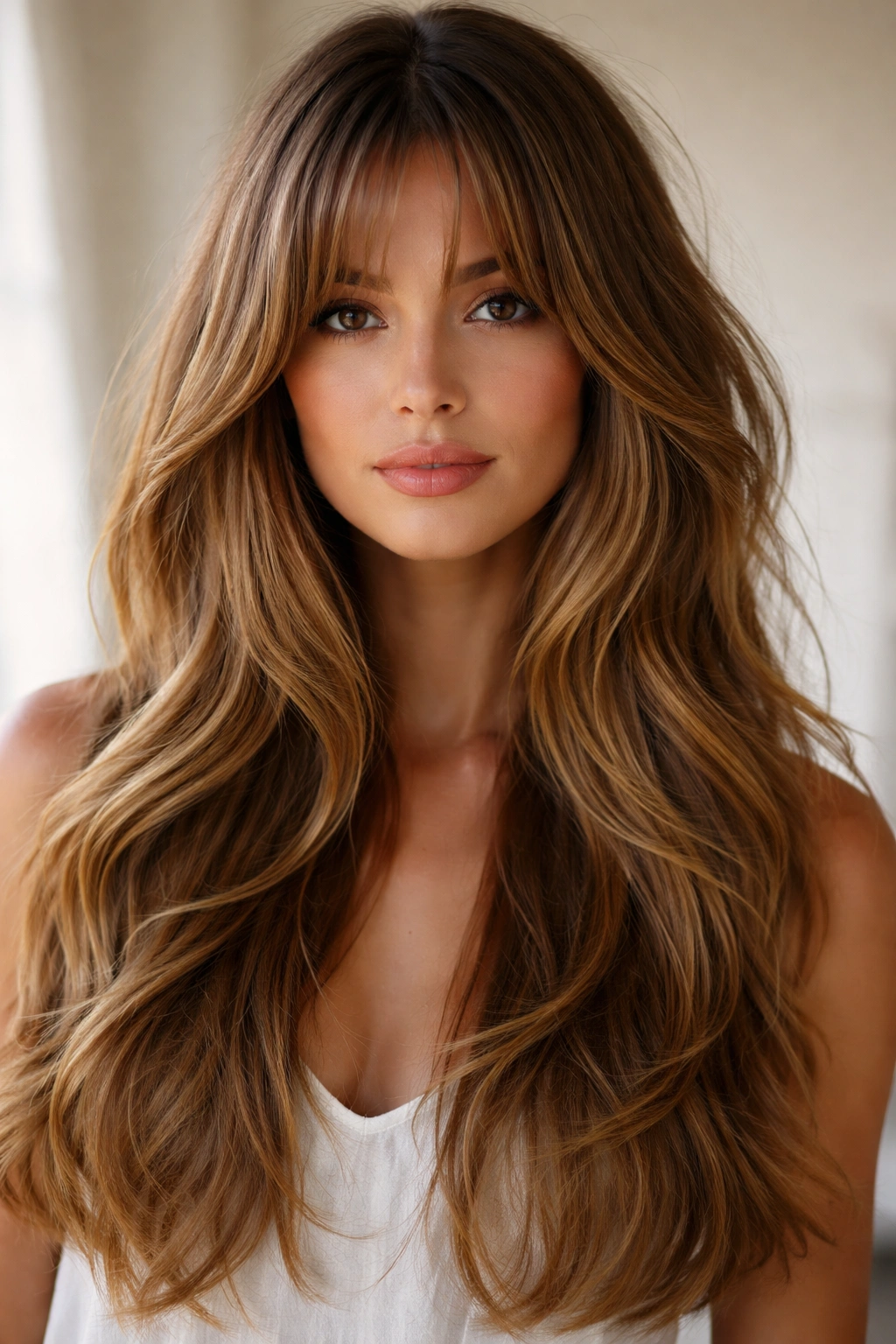 Long layered hair with extended bangs framing the face