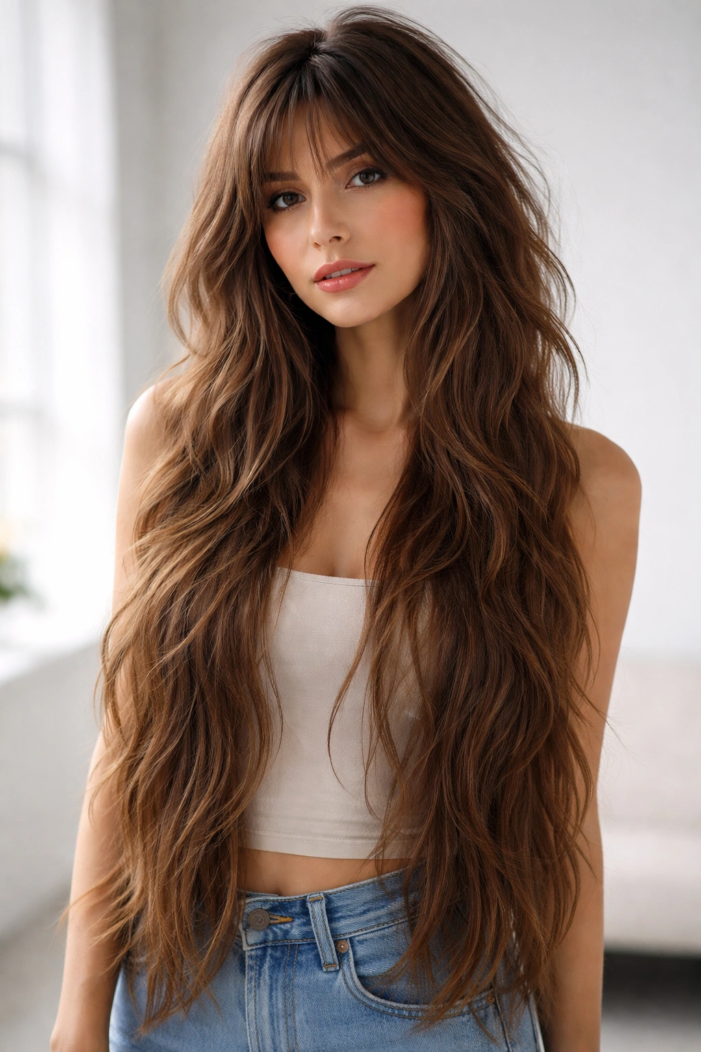 Extended-length wolf with crown layers and choppy underlayers portrait