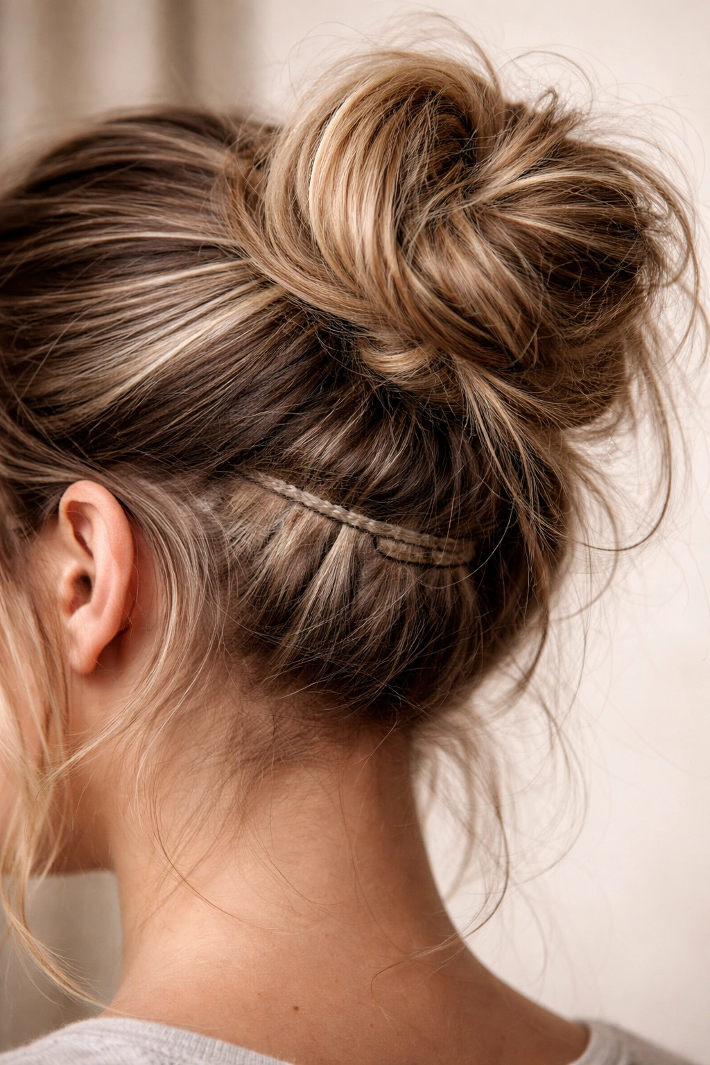 Close-up showing poor extension placement in a messy bun