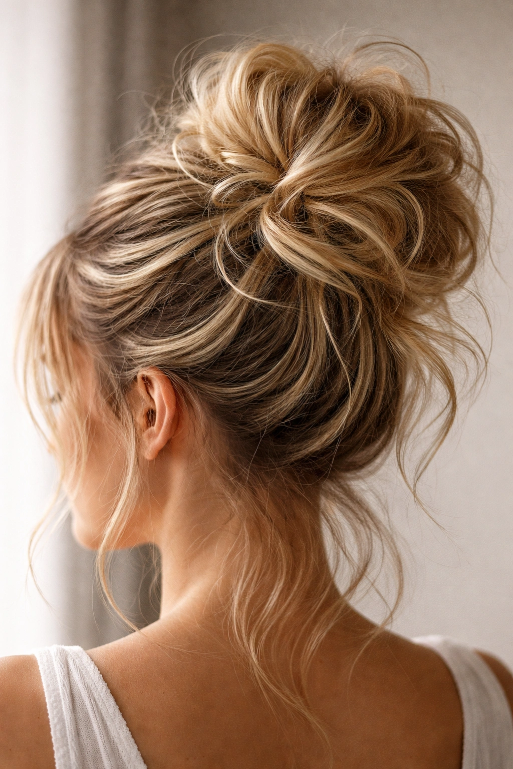 Close-up of a messy bun with textured extension blend