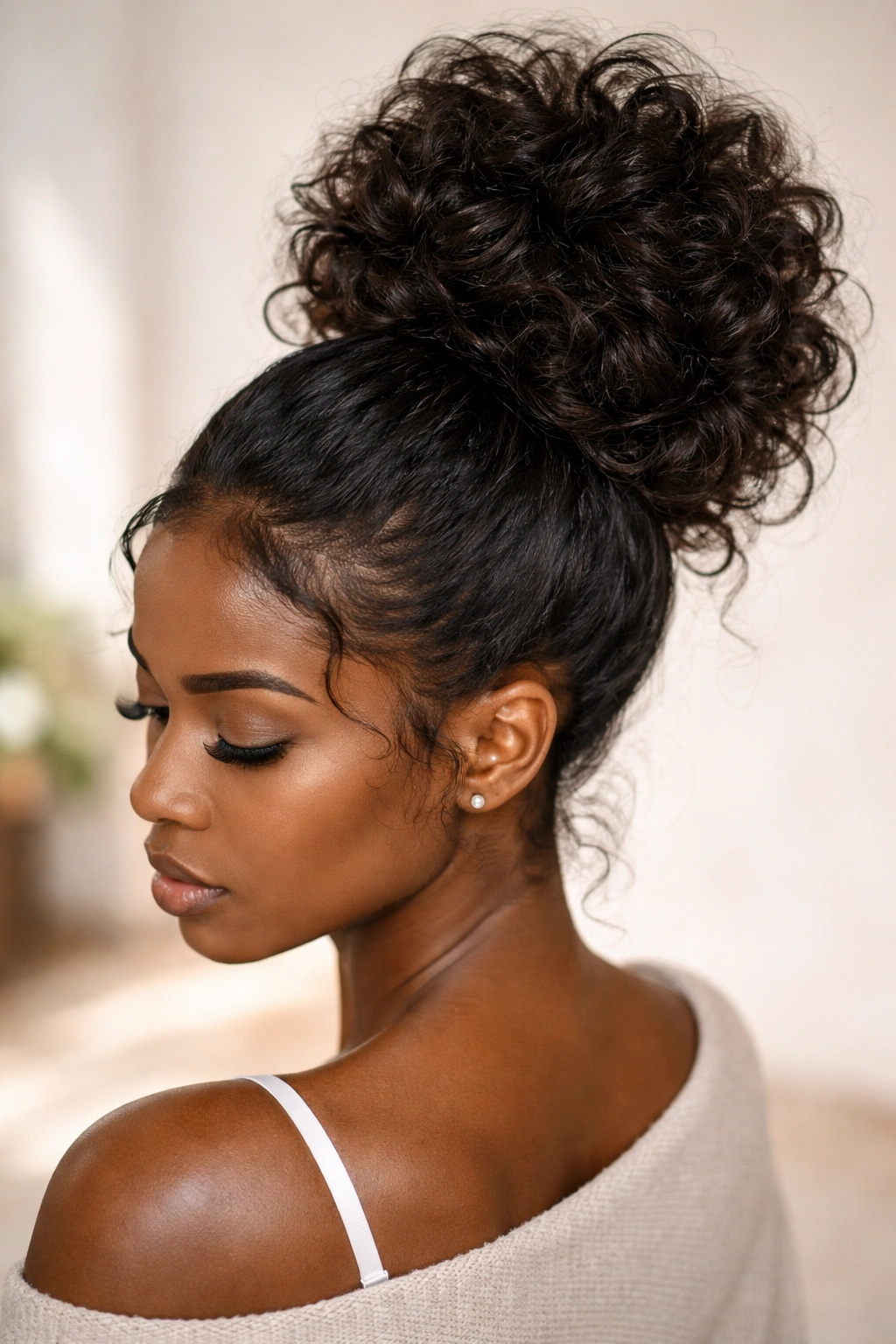 Protecive style messy bun with extensions showing blended fullness