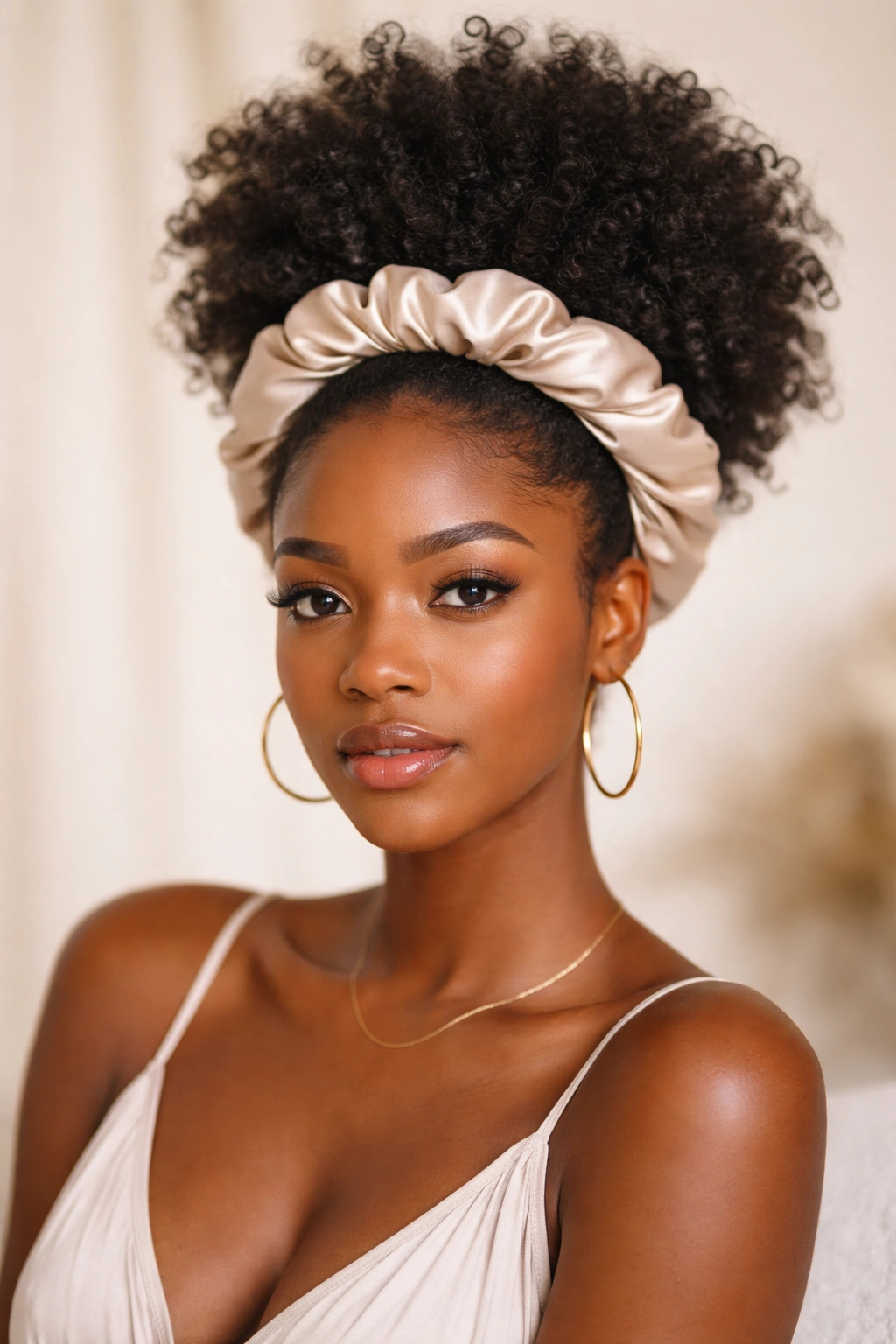 Afro hair with oversized fabric scrunchie headband hybrid, visible drape.