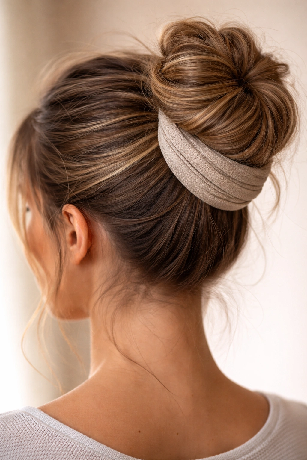 Close-up of fabric-wrapped bun with visible wrap texture