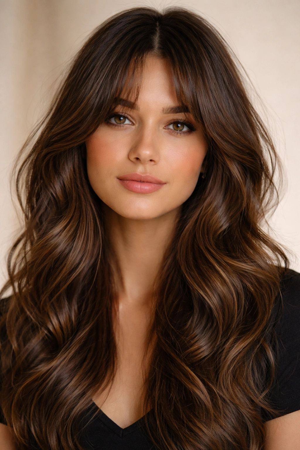 Close-up of thick wavy hair with face-framing curtain bangs and soft definition.
