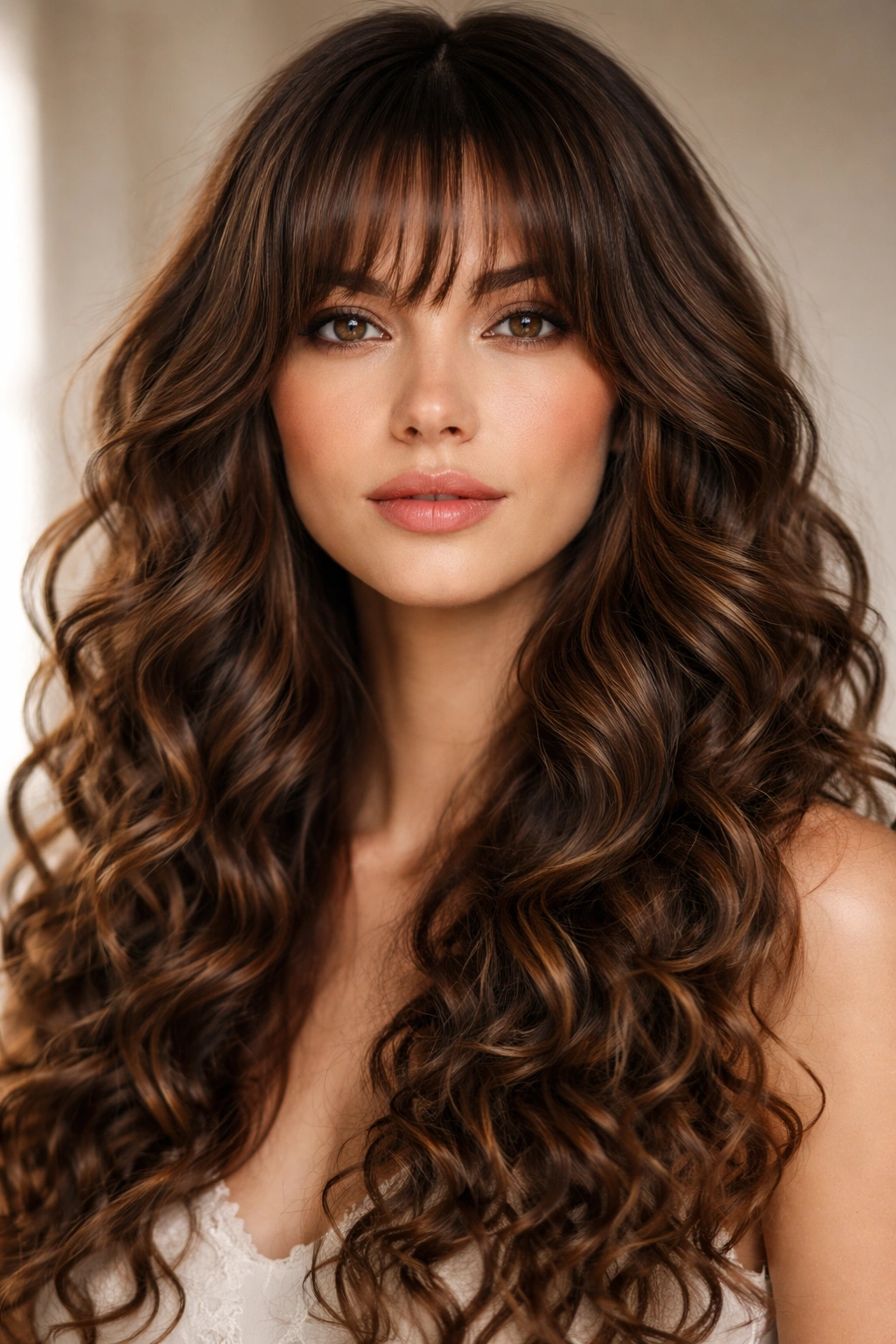 Face-framing bangs with spiral waves in a studio portrait