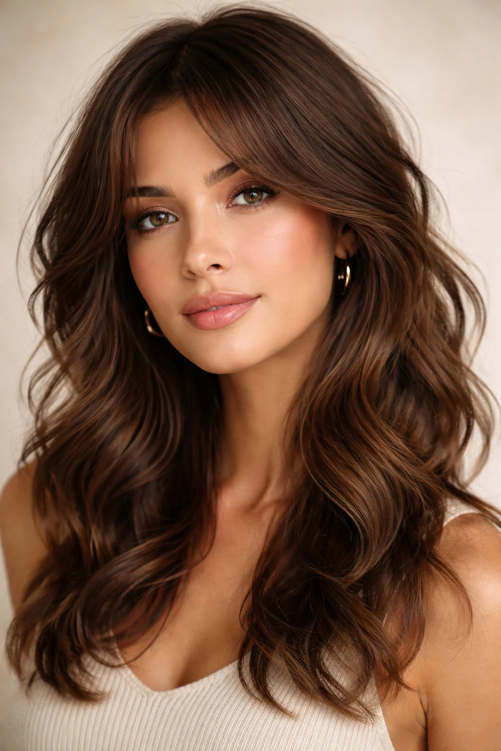 Face-framing extended bangs on wavy hair framing the face with soft movement