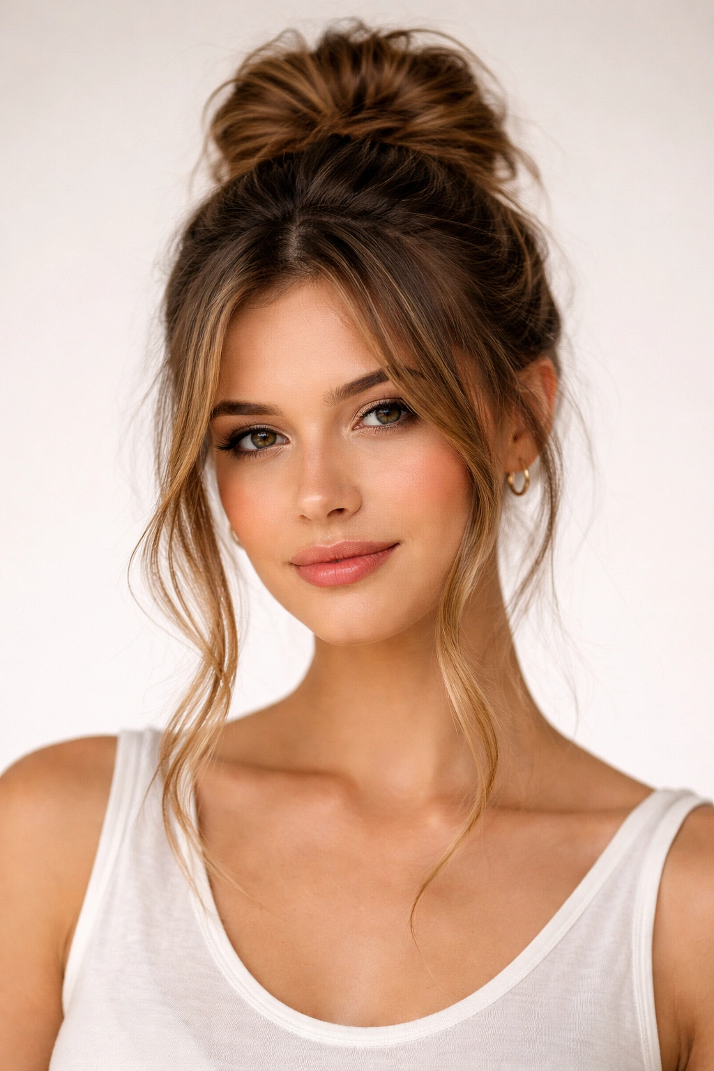 Wrapped messy bun with face-framing pieces