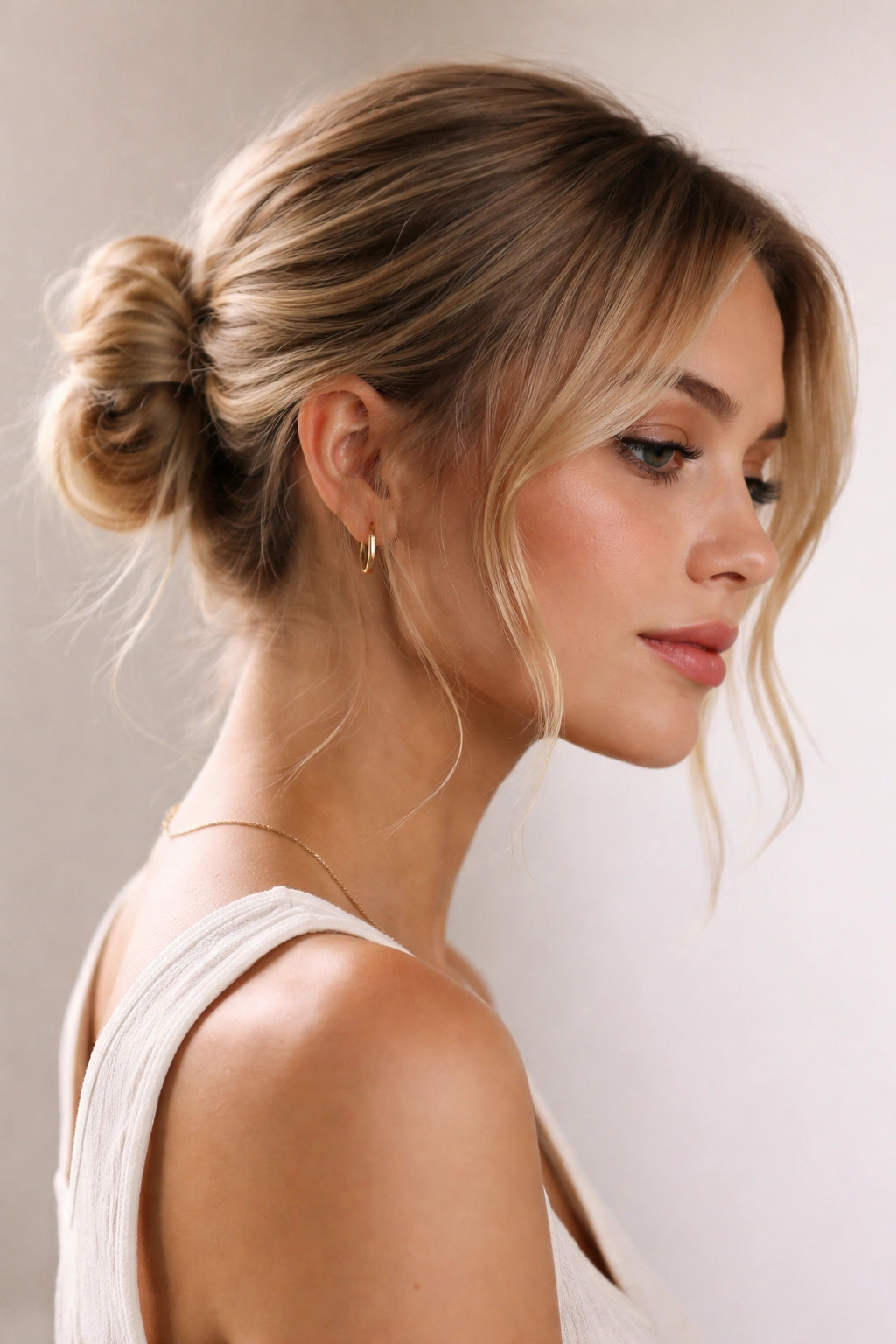 Close-up of a low bun with face-framing pieces on short hair