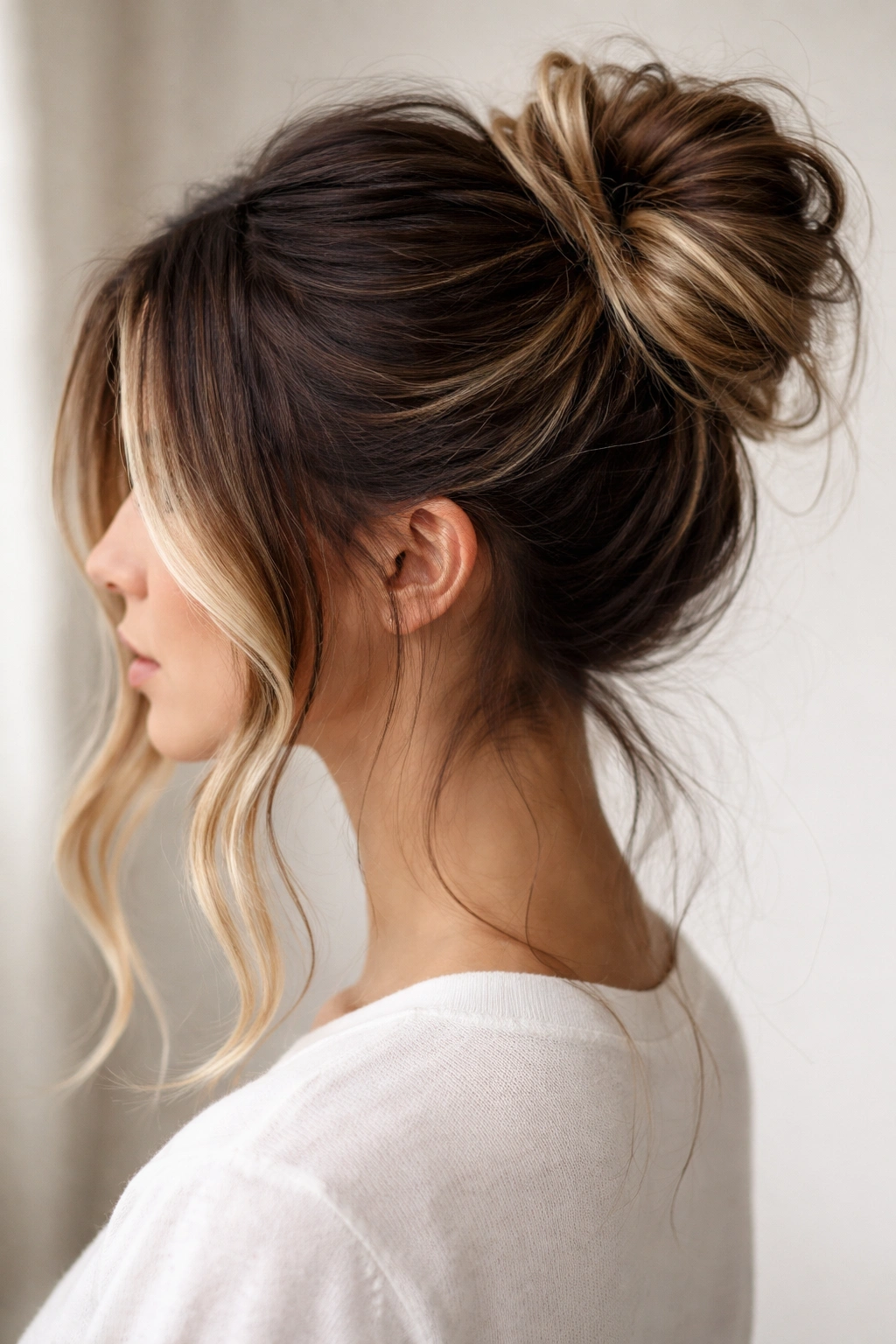 Three-quarter view of a two-tone messy bun with face-framing pieces near temples