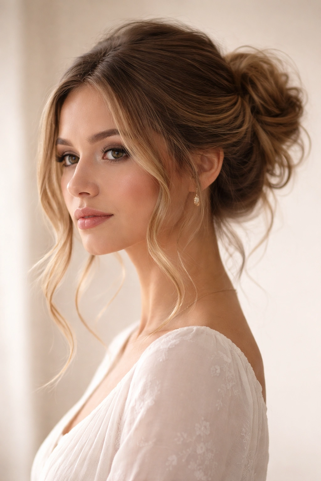Romantic bun with face-framing pieces and soft waves framing the face.