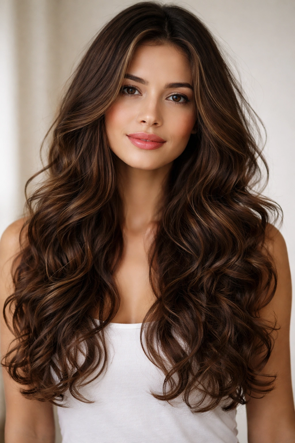 Close-up of long loose curls with face-framing layers and smooth blend, natural lighting