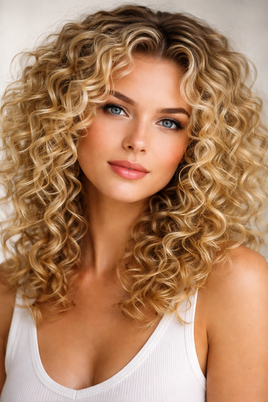 Front view of face-framing blonde coils around temples and jawline