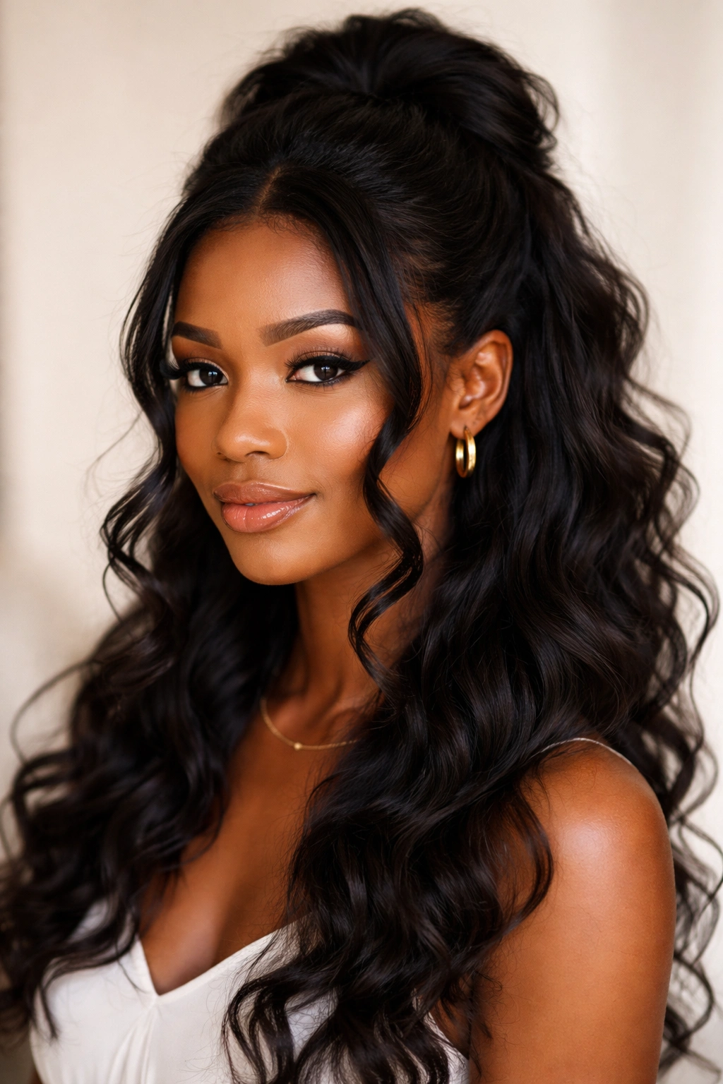 Close-up of a Black woman's face-framing curls peeking from a half-up hairstyle.