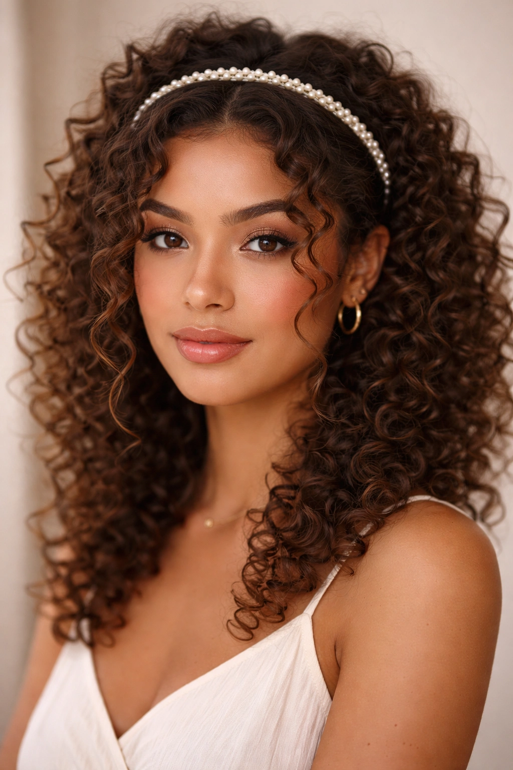 Face-framing curls with pearl headband on a neutral studio backdrop