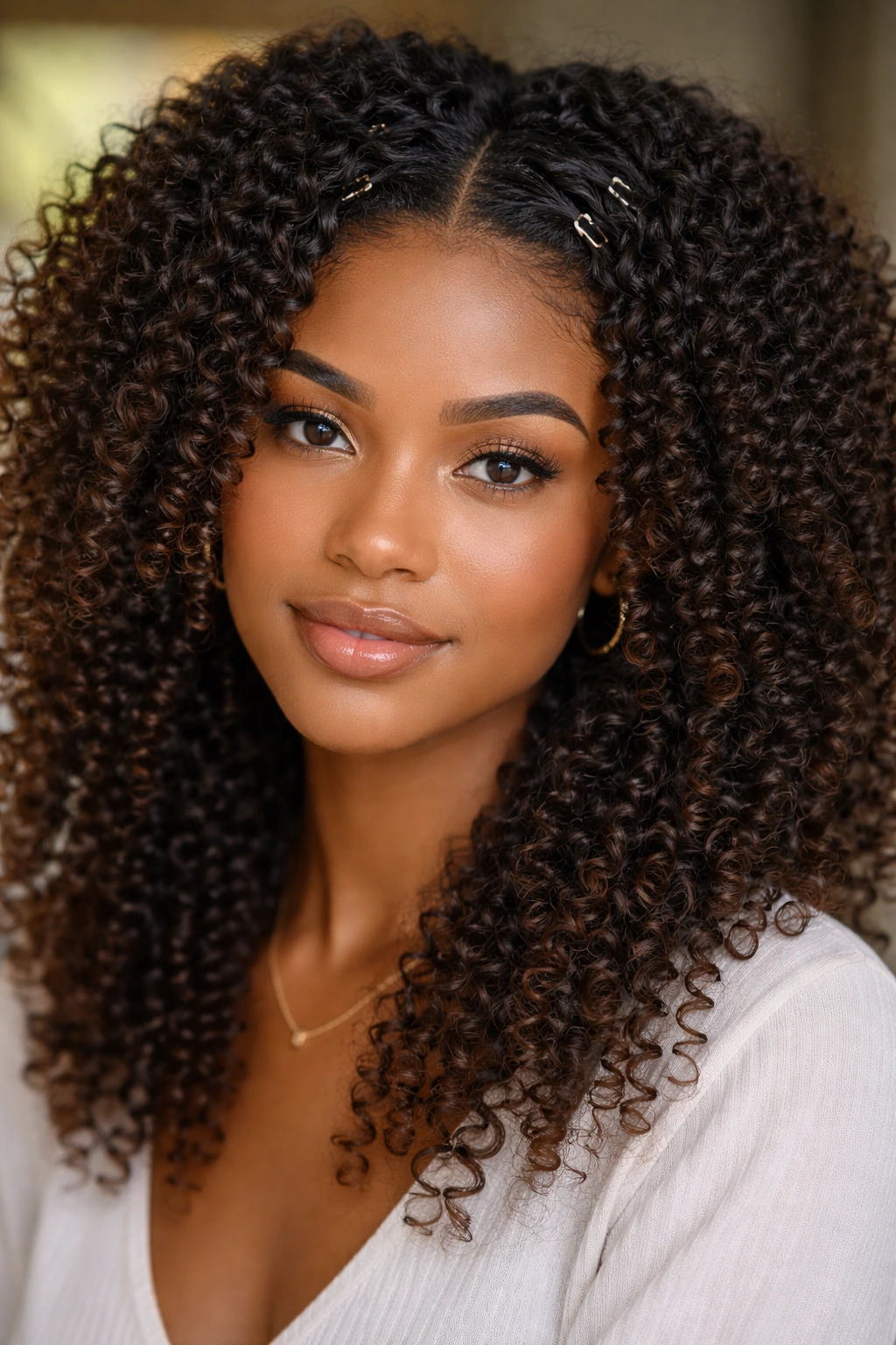 Front view with face-framing clip-ins adding texture to curls