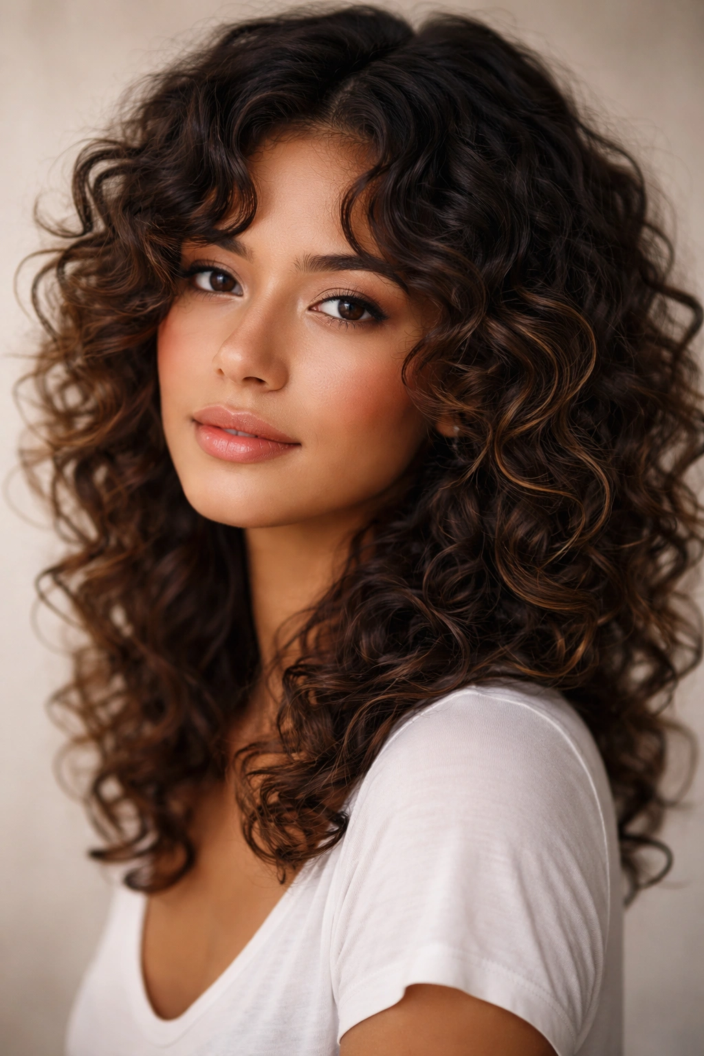 Portrait of a person with face-framing curls and textured layers around the face