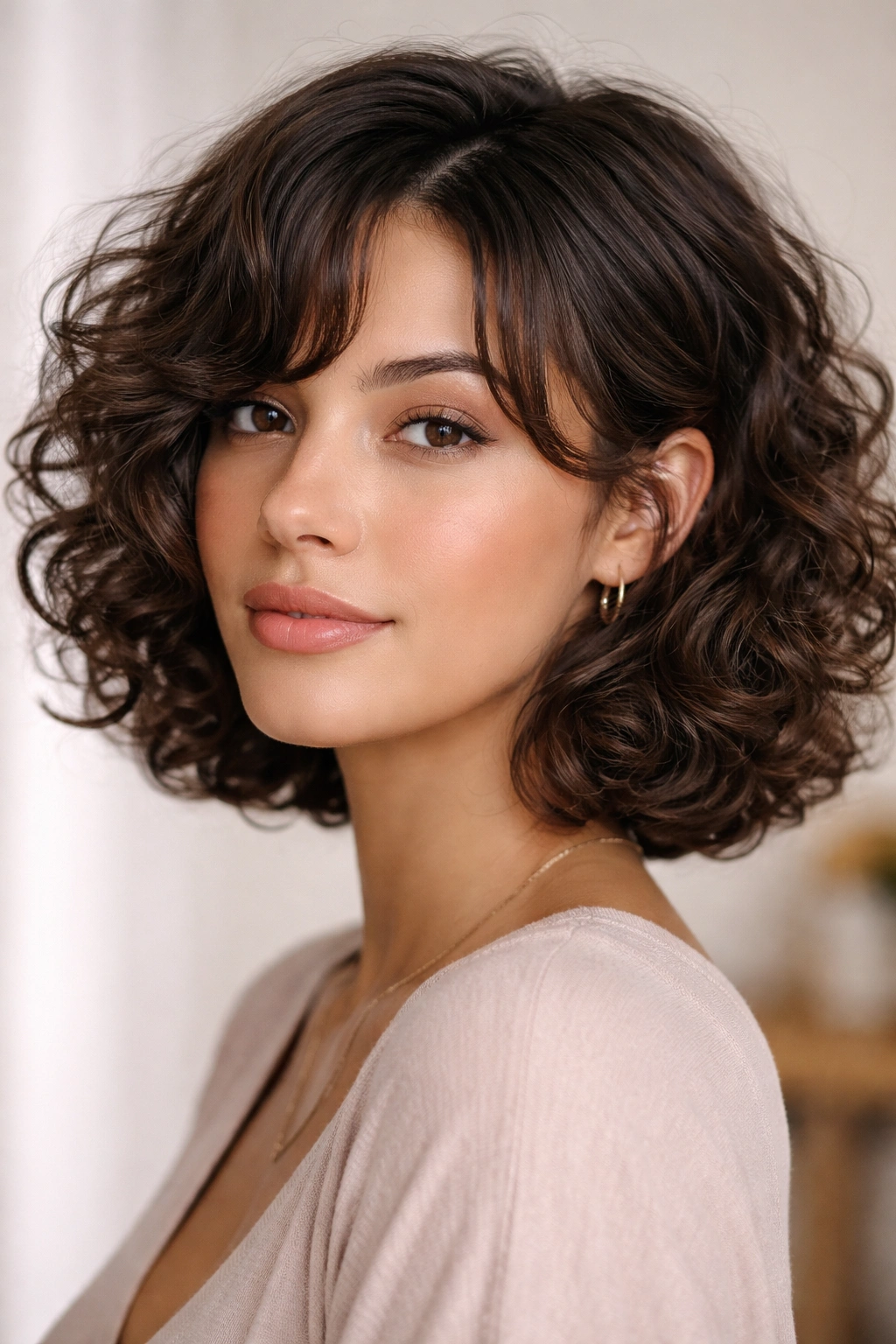 Portrait showing face-framing layers in a curly bob