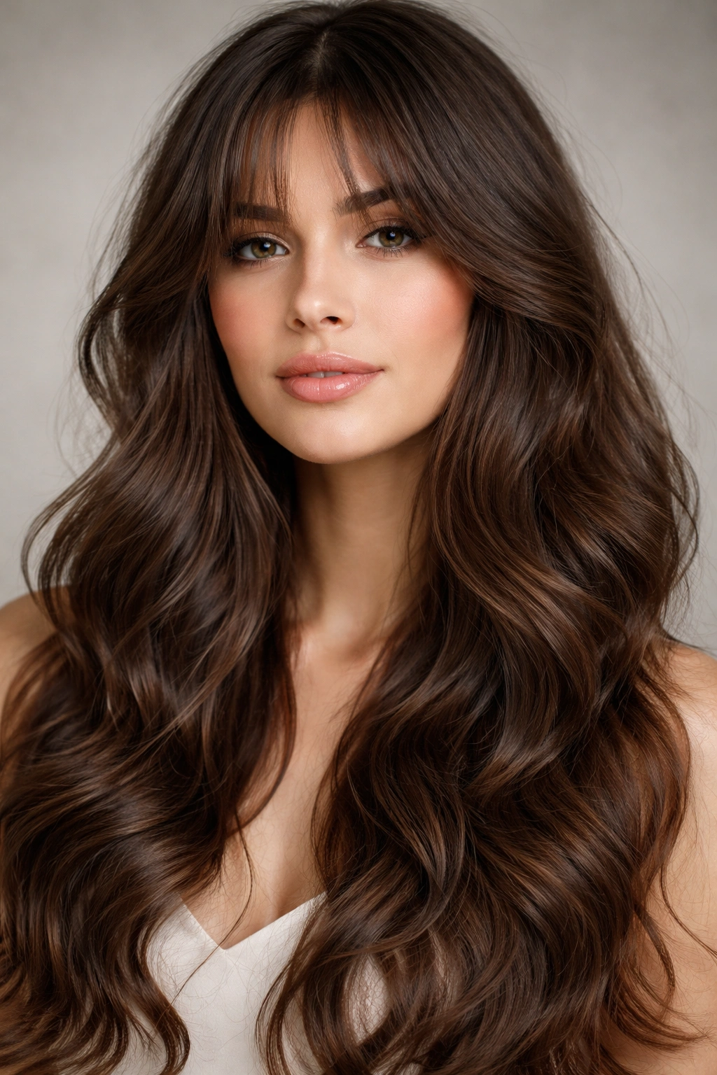 Long curtain bangs with soft waves framing the face