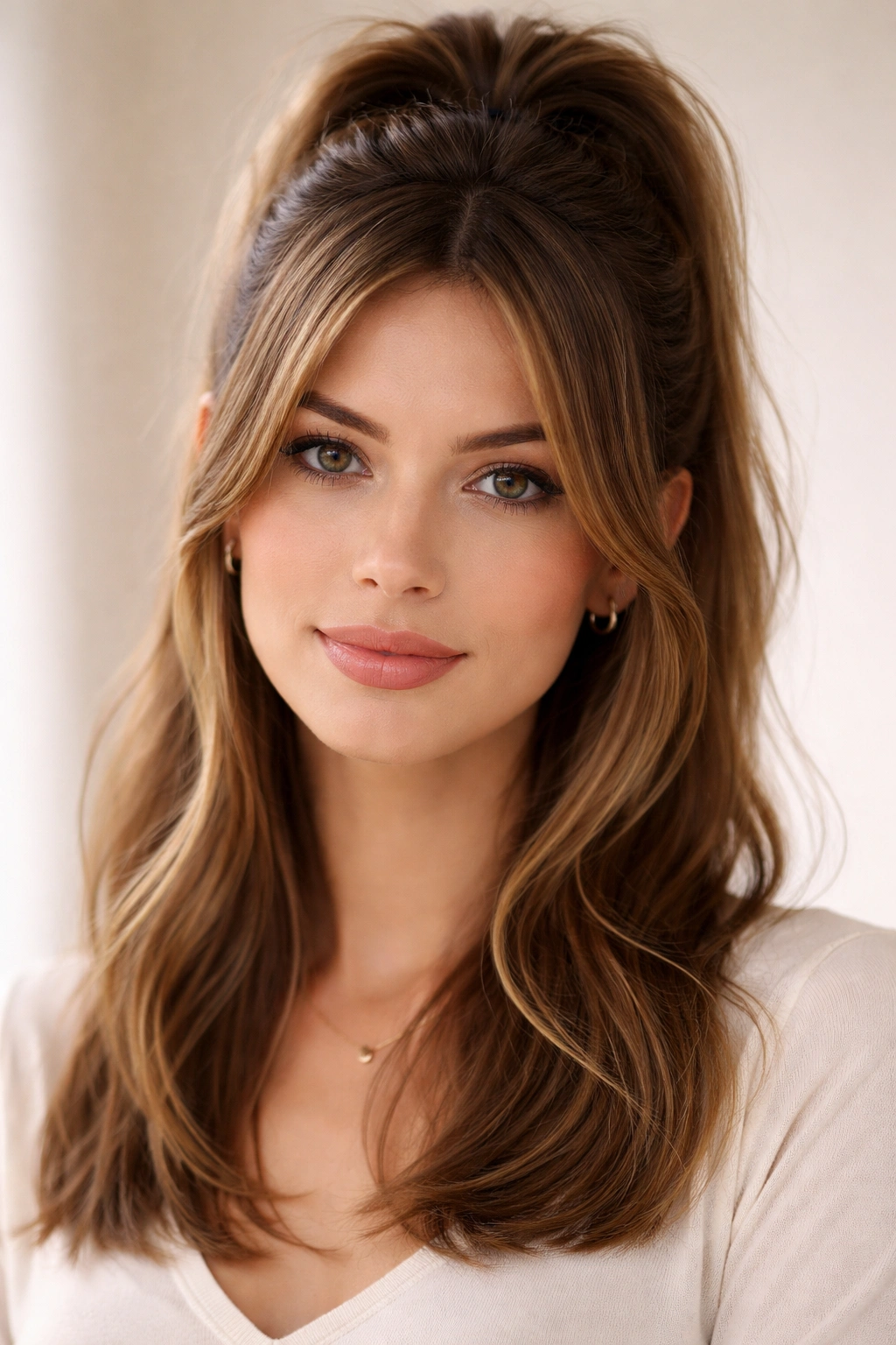 Half-up with face-framing layers showing temple pieces framing the cheeks