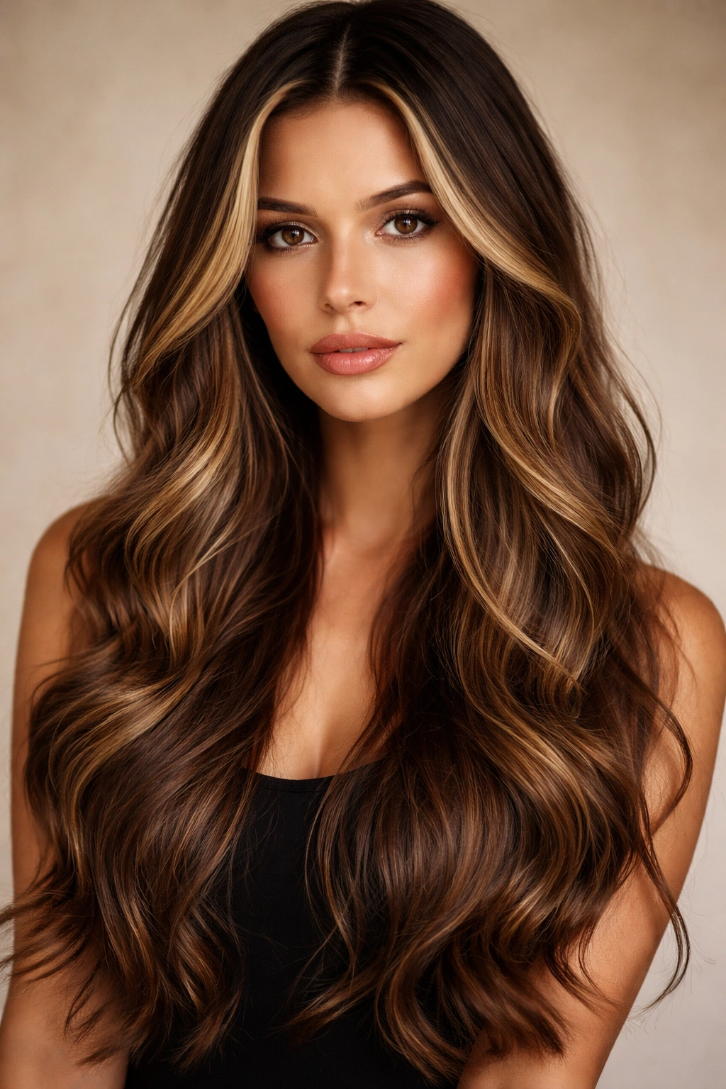 Model with long waves and face-framing highlights highlighting the front strands