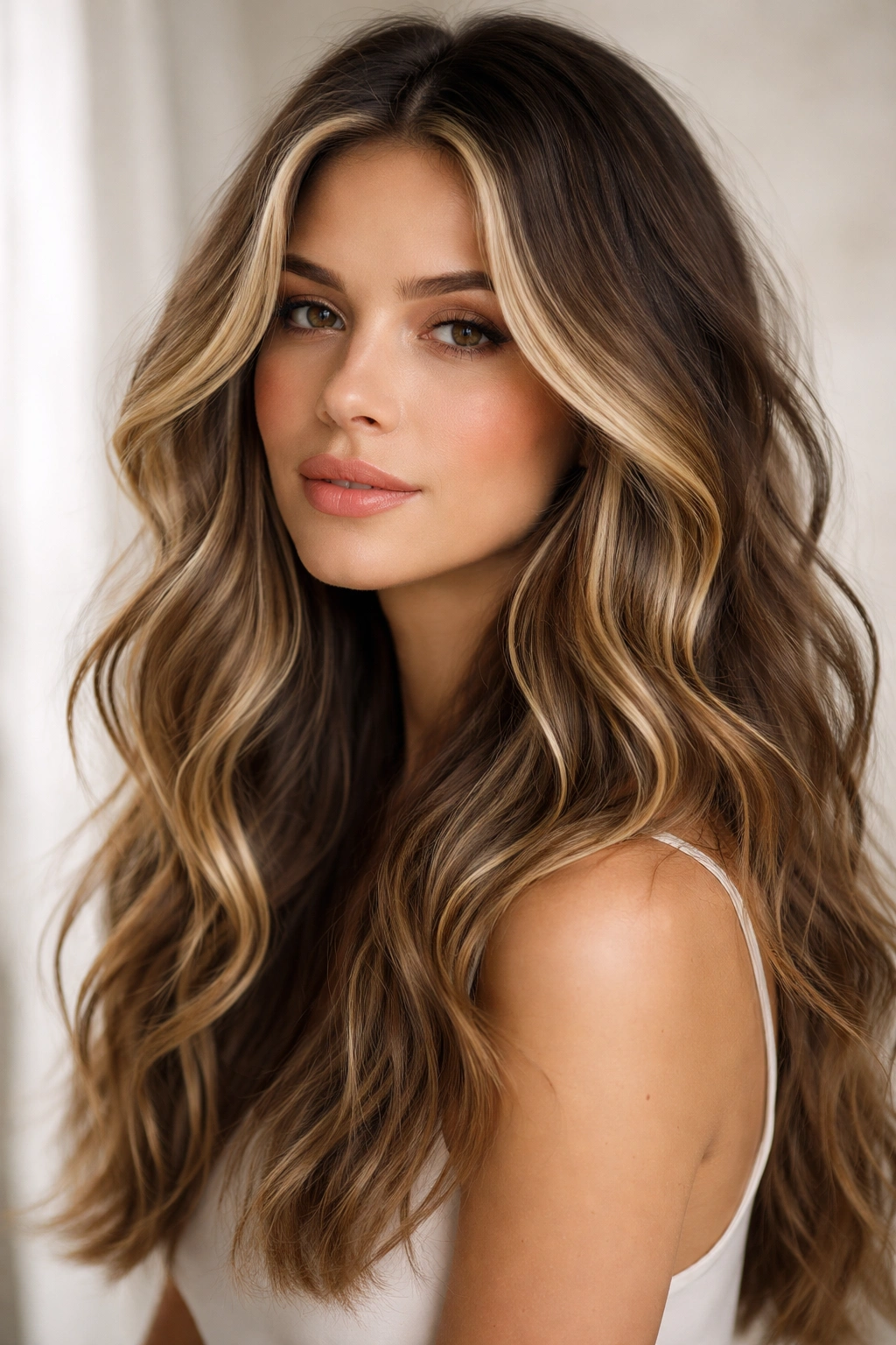 Face-framing wave highlights with longer back waves in a studio shot