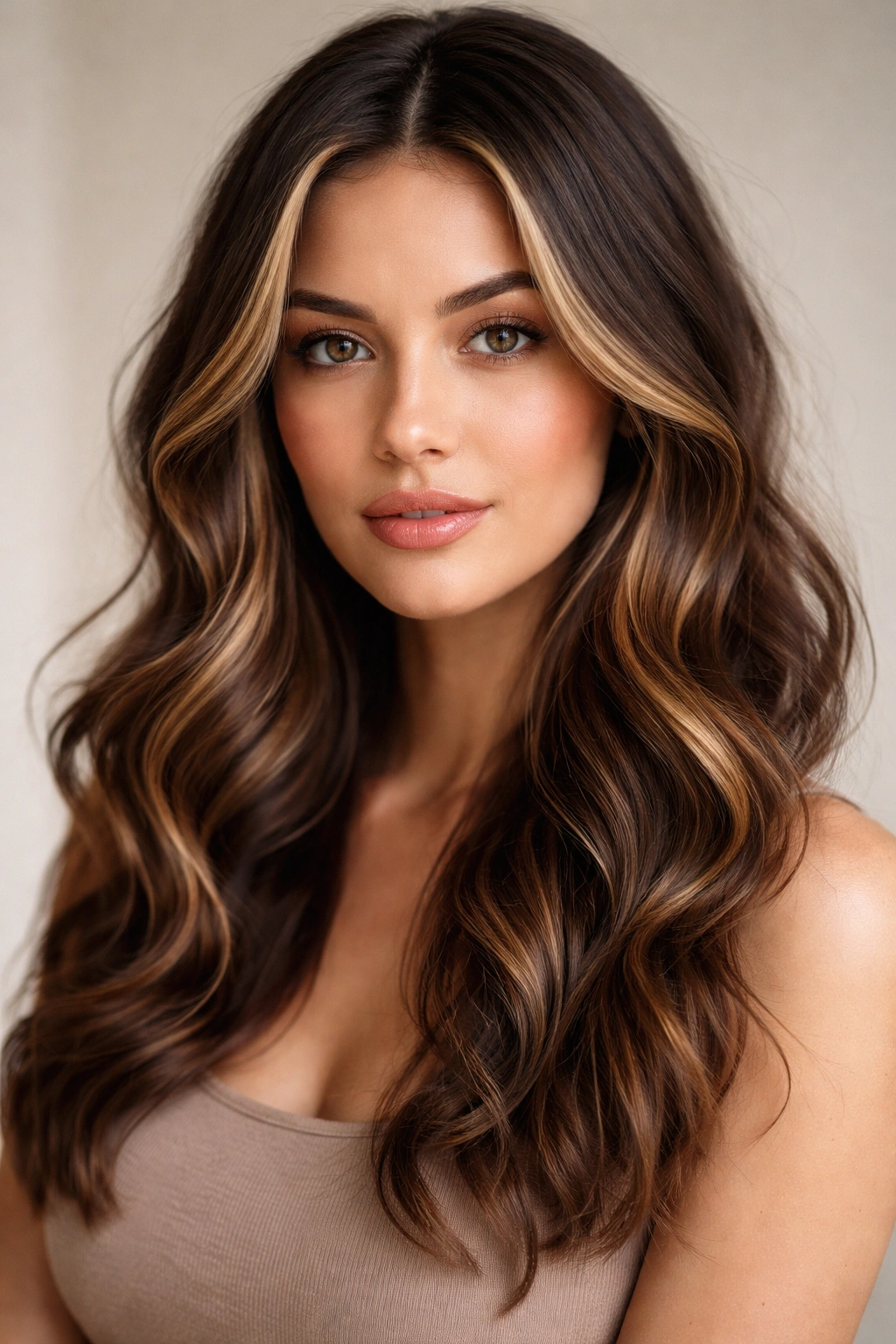 Wavy hair with subtle face-framing highlights around the eyes