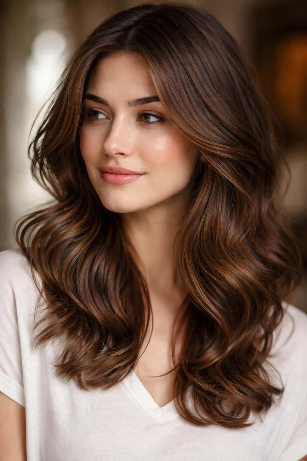 Face-framing layered waves on brown hair highlighting jawline