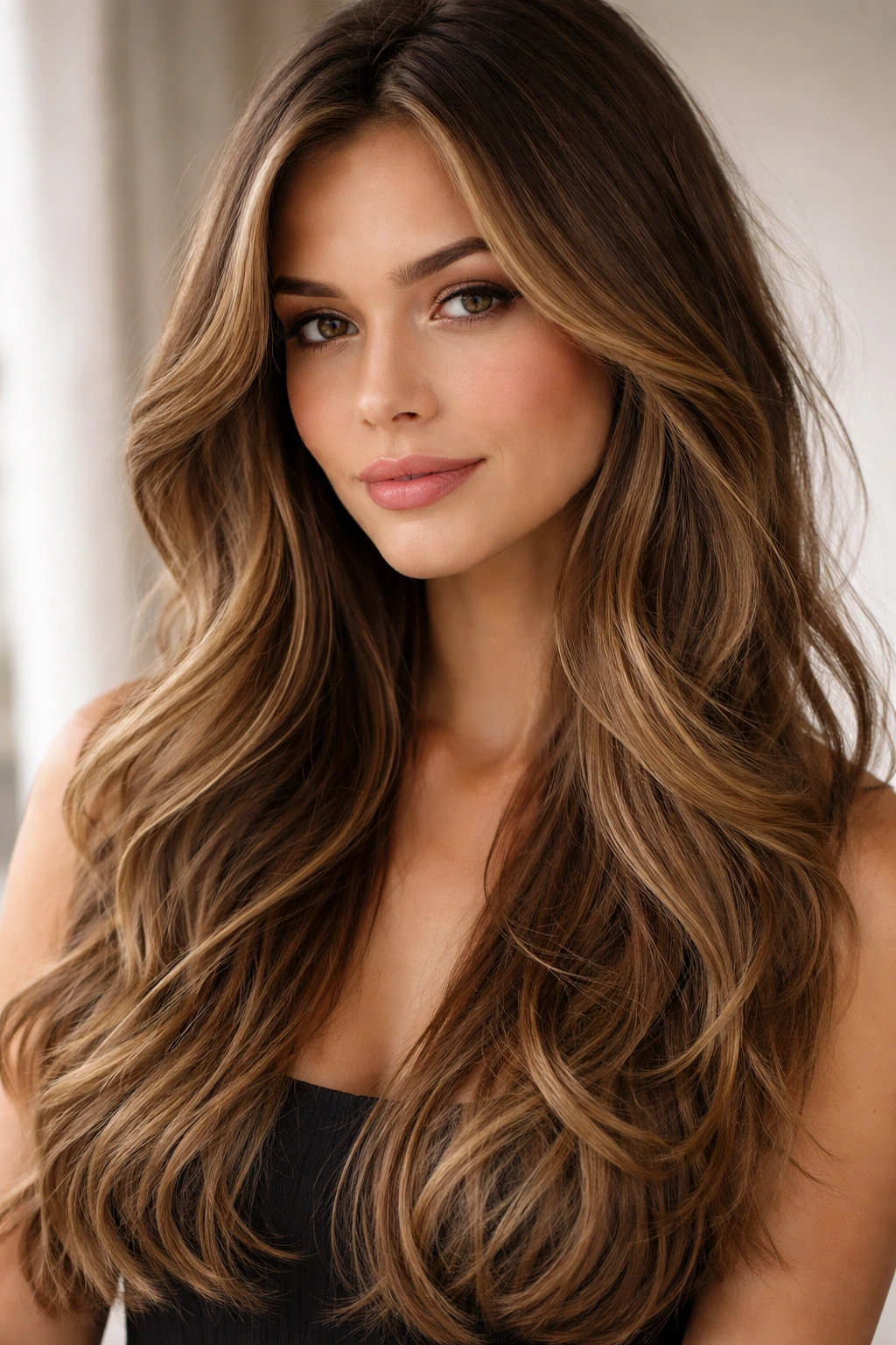 Long wavy hair with face-framing layers around the face