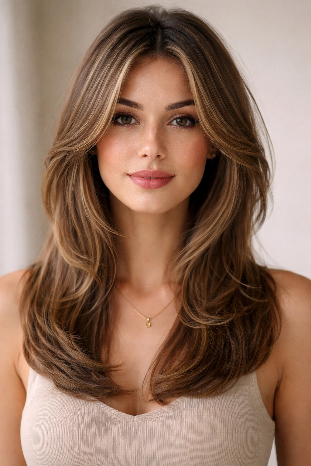 Close-up of face-framing layers around cheeks and ears with longer back, studio lighting