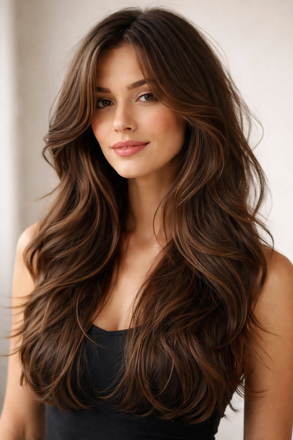 Portrait of a model with face-framing layers and a long underneath for versatile volume.