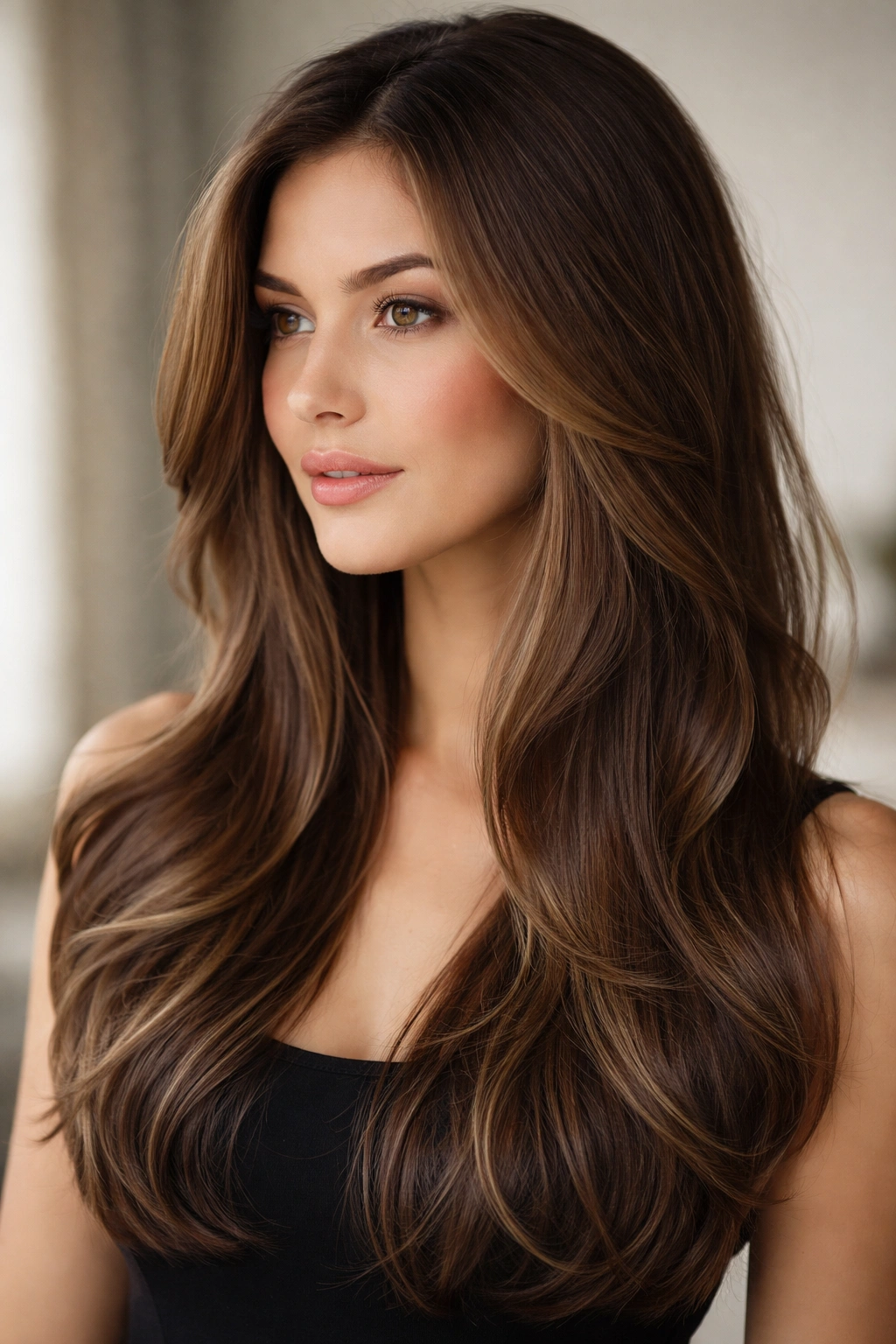 Face-framing long layers on long hairstyle showing cheekbone framing.