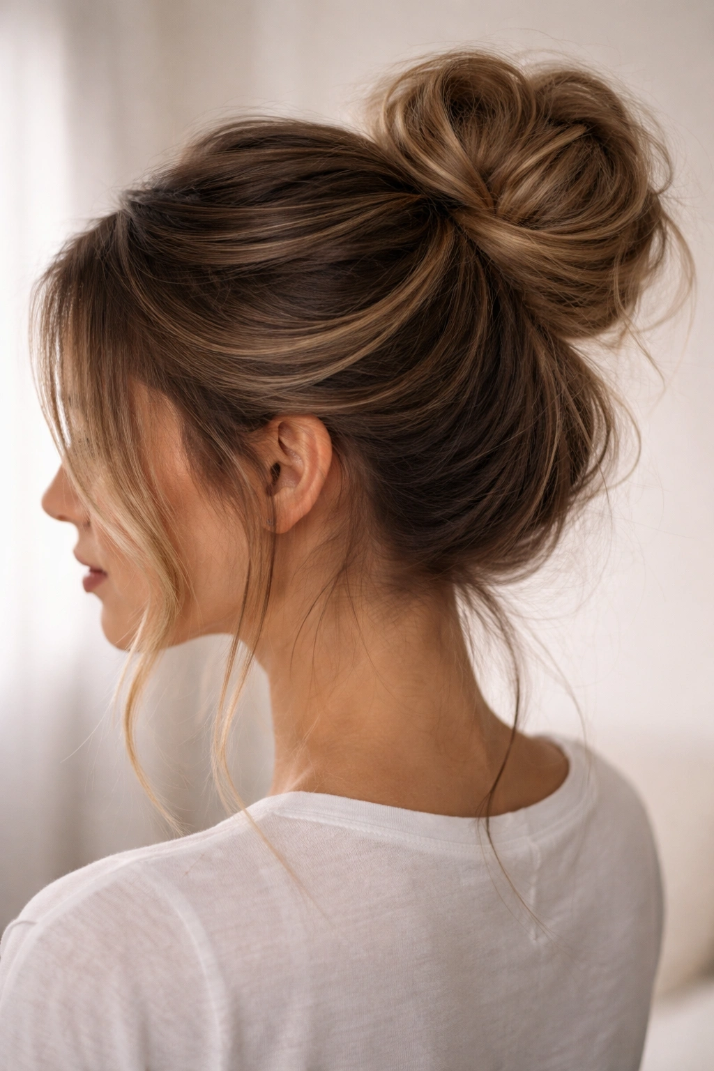 Messy bun with face-framing pieces along the sides