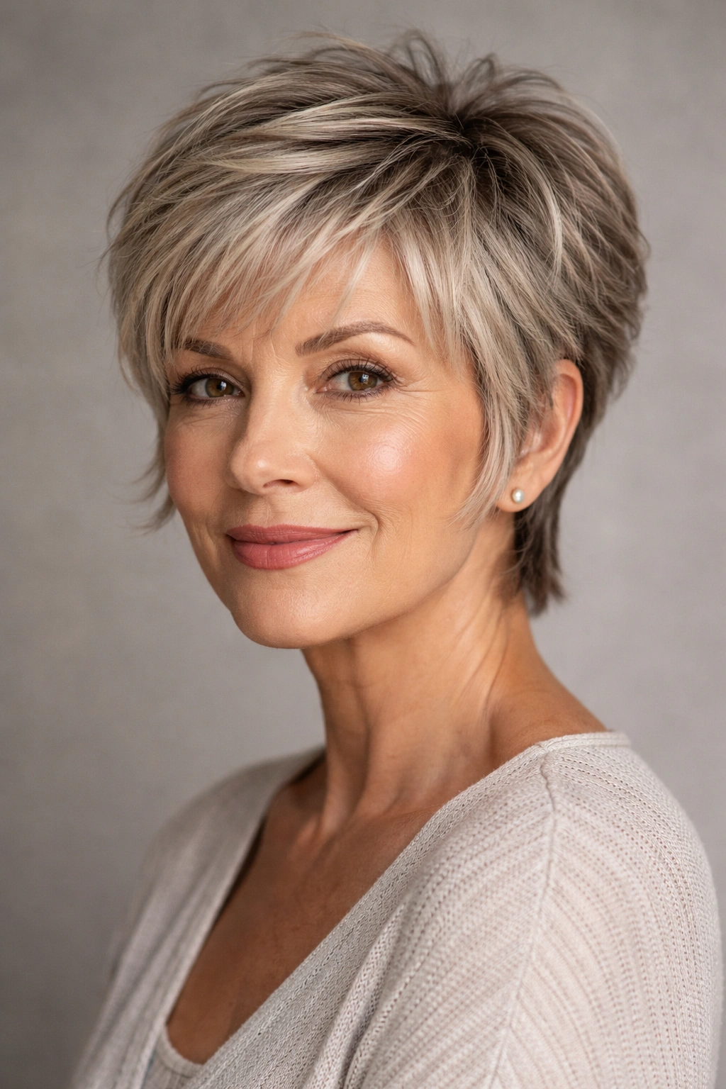 Close-up of a face-framing pixie haircut with textured crown layers.