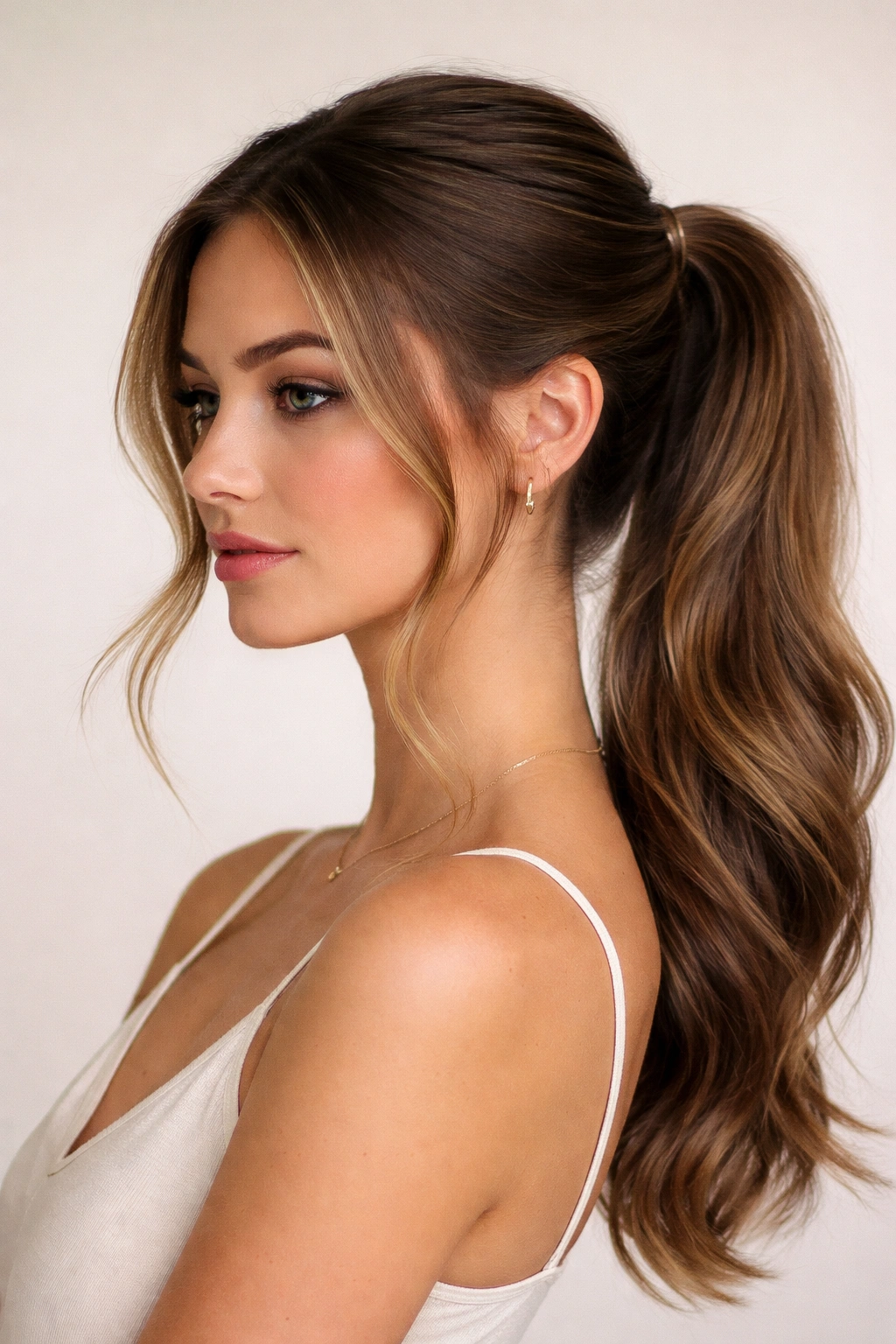 Portrait showing a sleek side pony with face-framing layers around the temples.