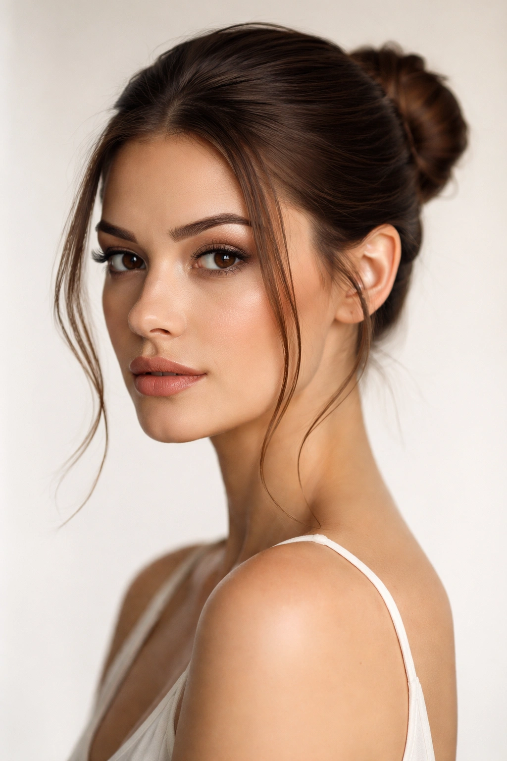 Sleek bun with face-framing pieces softly framing the face