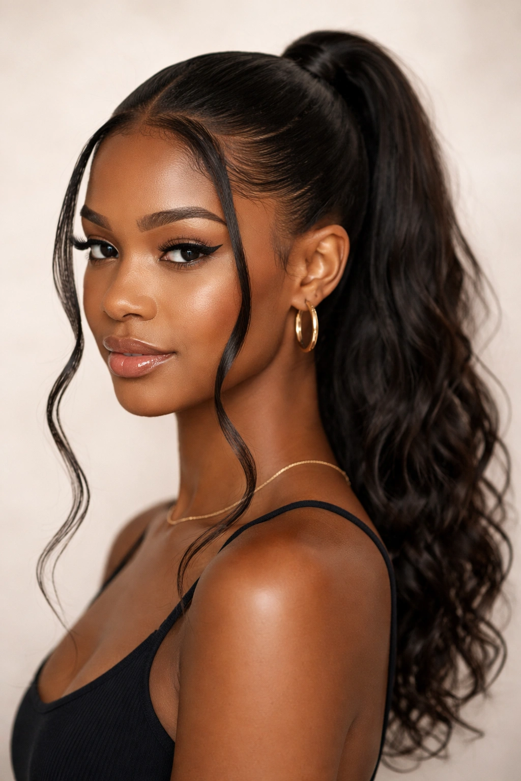 Face-framing strands accent a sleek ponytail style.