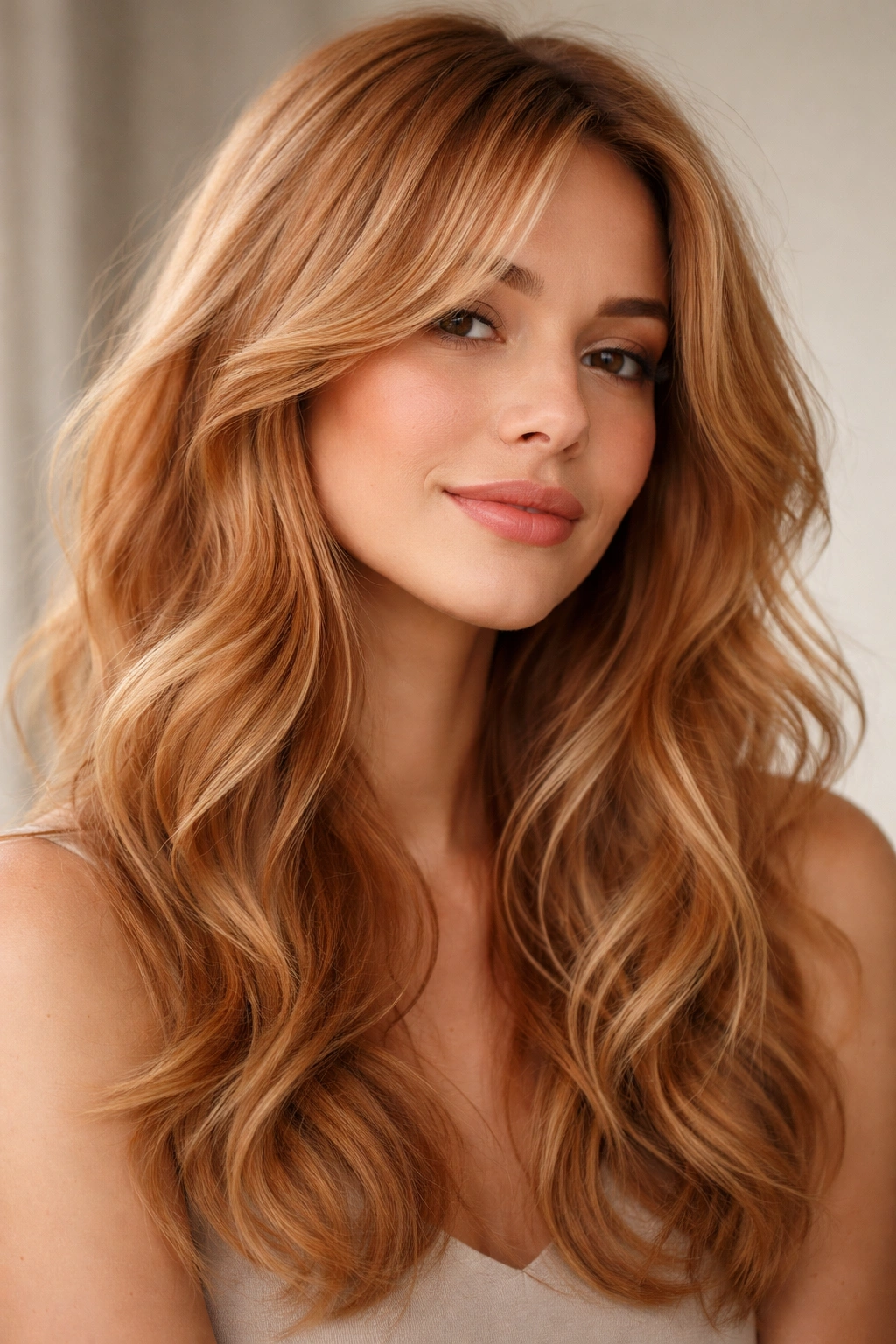 Face-framing layers with tousled waves in strawberry blonde hair