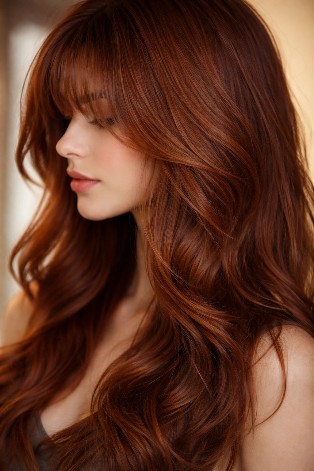 Side profile of auburn hair with wispy bangs and face-framing waves; face not visible